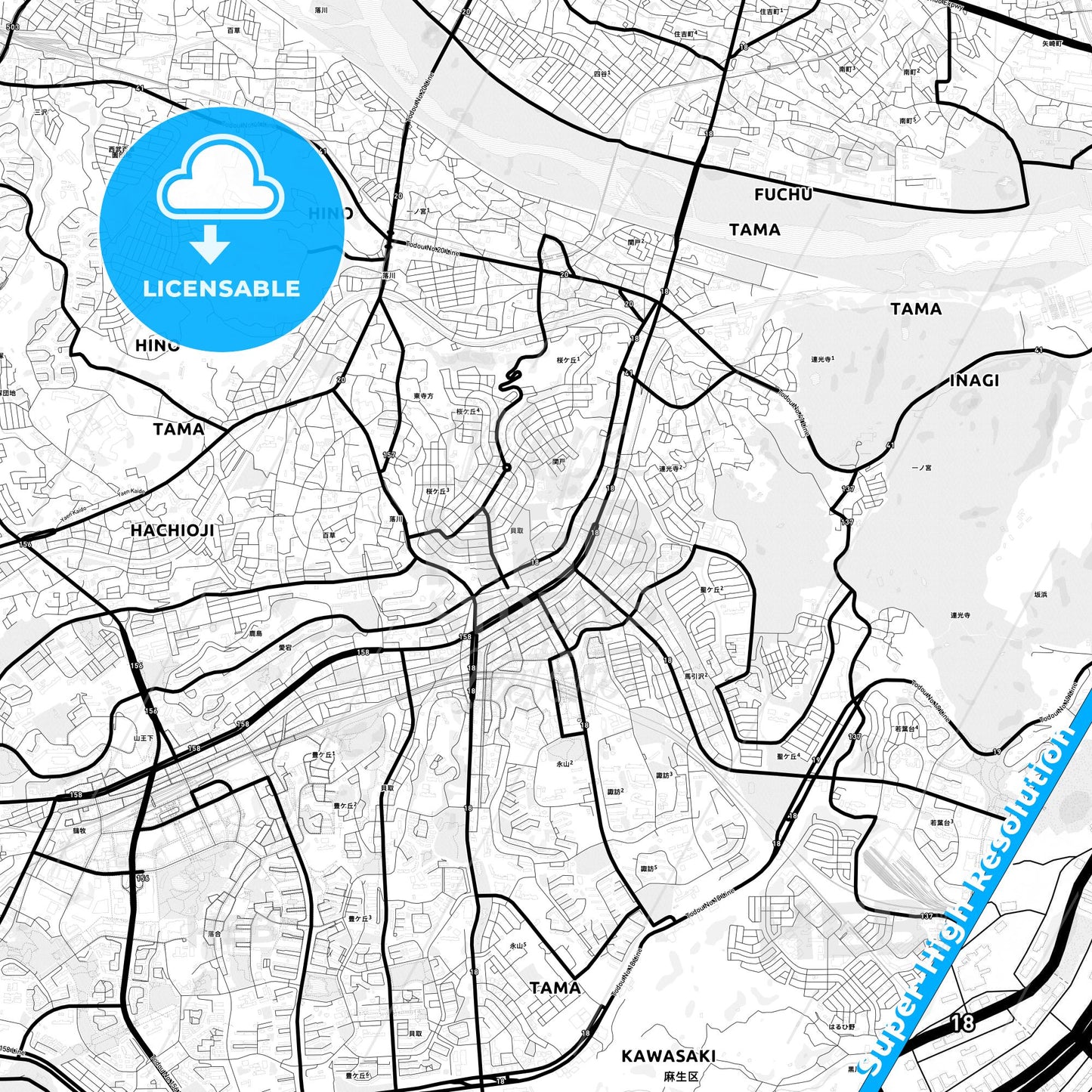 Tama, Japan Light Map with Street Names, City Names, and Districts
