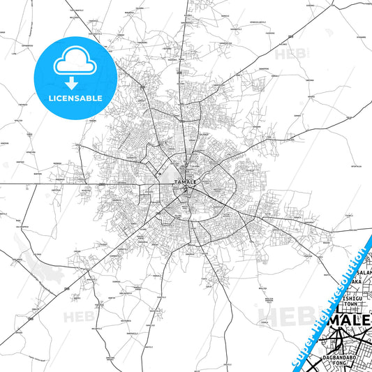 Tamale, Ghana light map with streetnames, citynames and districts