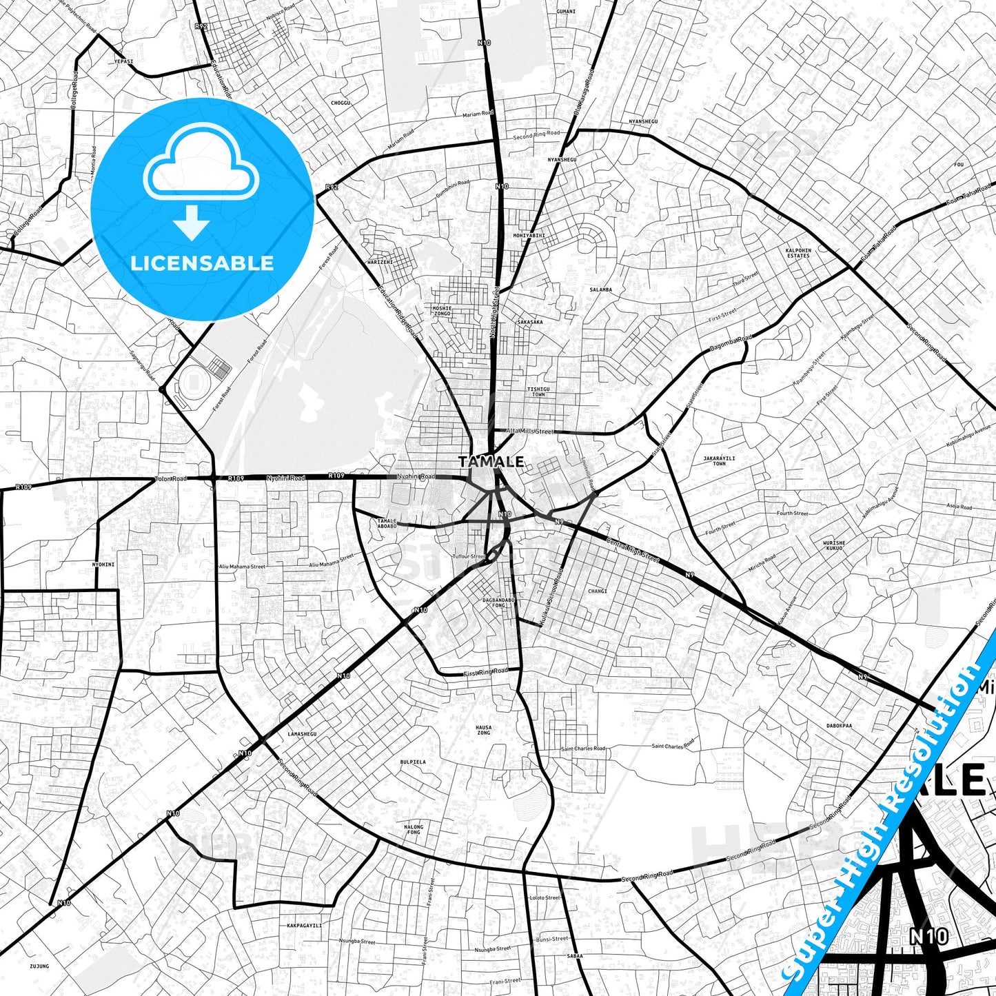 Tamale, Ghana Light Map with Street Names, City Names, and Districts