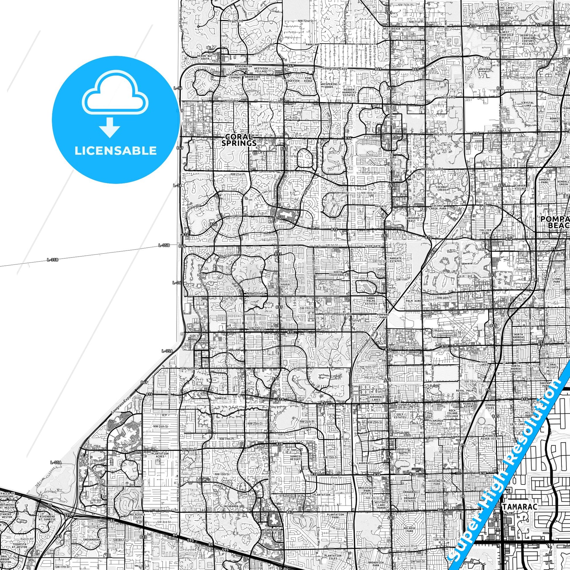 Tamarac, Florida light map with streetnames, citynames and districts