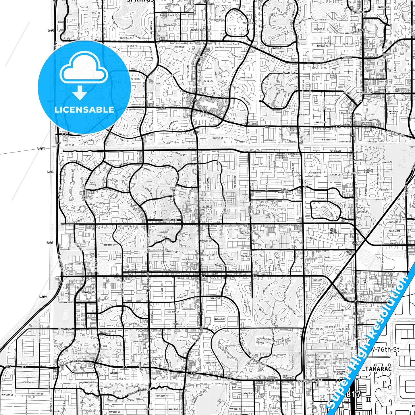 Tamarac, Florida Light Map with Street Names, City Names, and Districts