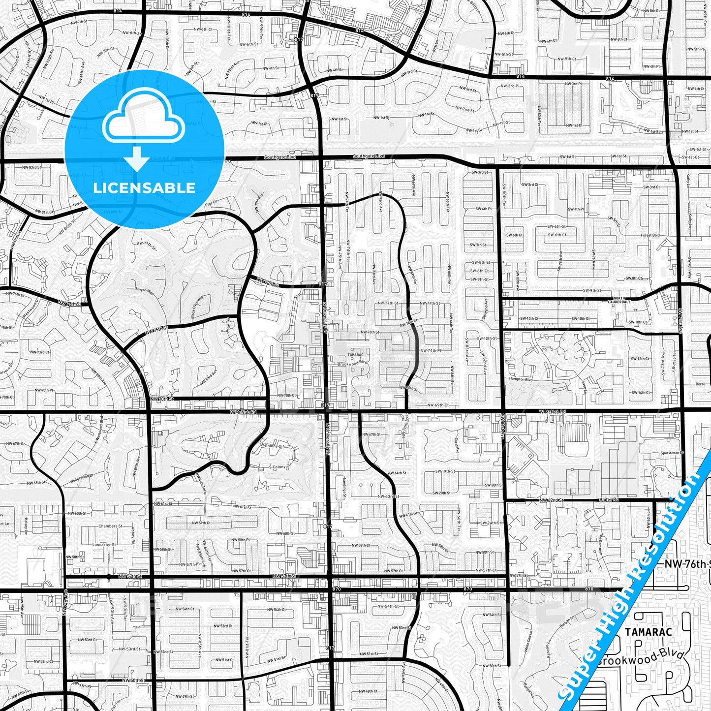 Tamarac, Florida Light Map with Street Names, City Names, and Districts