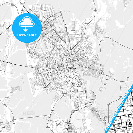 Tambov, Russia light map with streetnames, citynames and districts