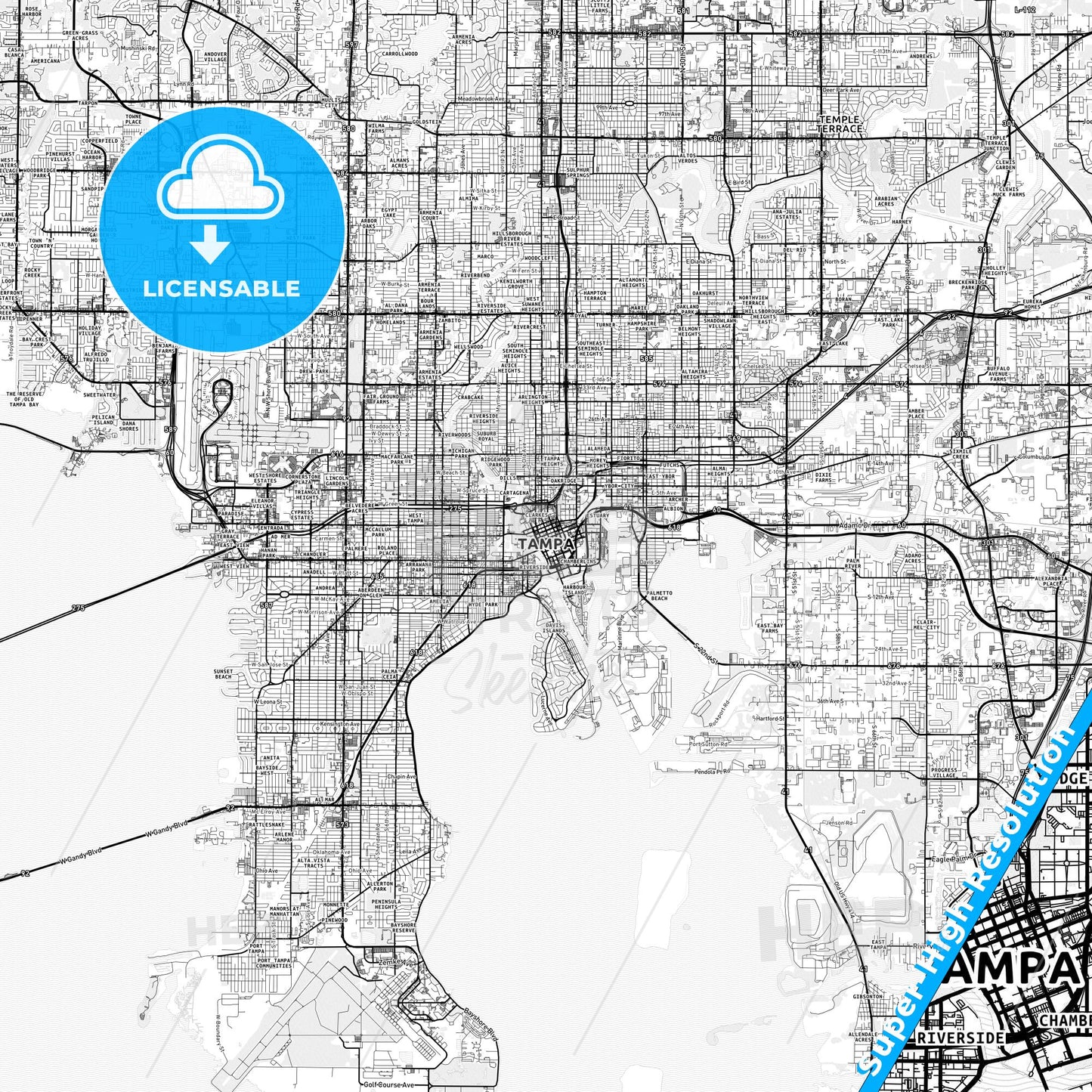 Tampa, Florida light map with streetnames, citynames and districts