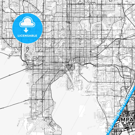 Tampa, Florida light map with streetnames, citynames and districts