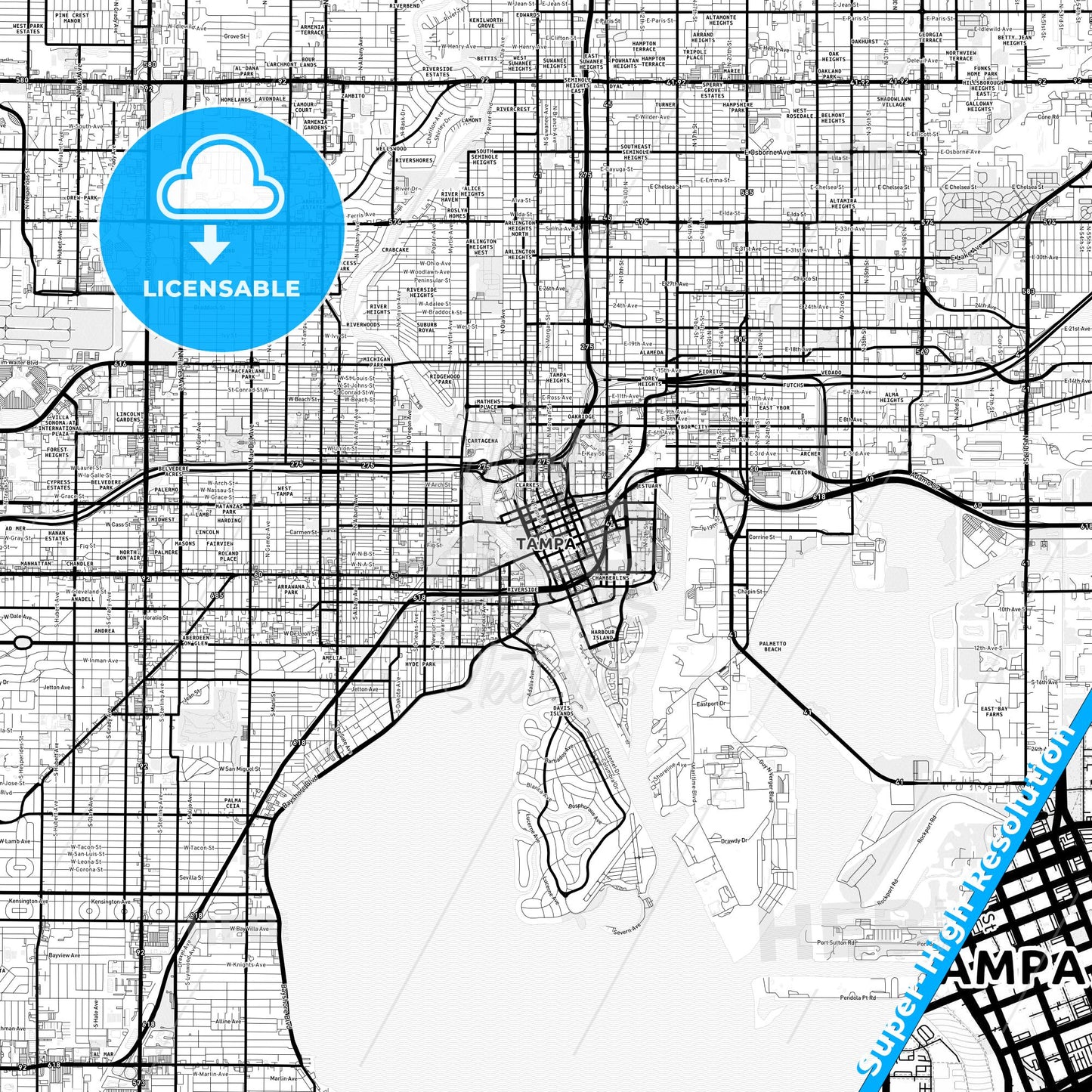 Tampa, Florida Light Map with Street Names, City Names, and Districts