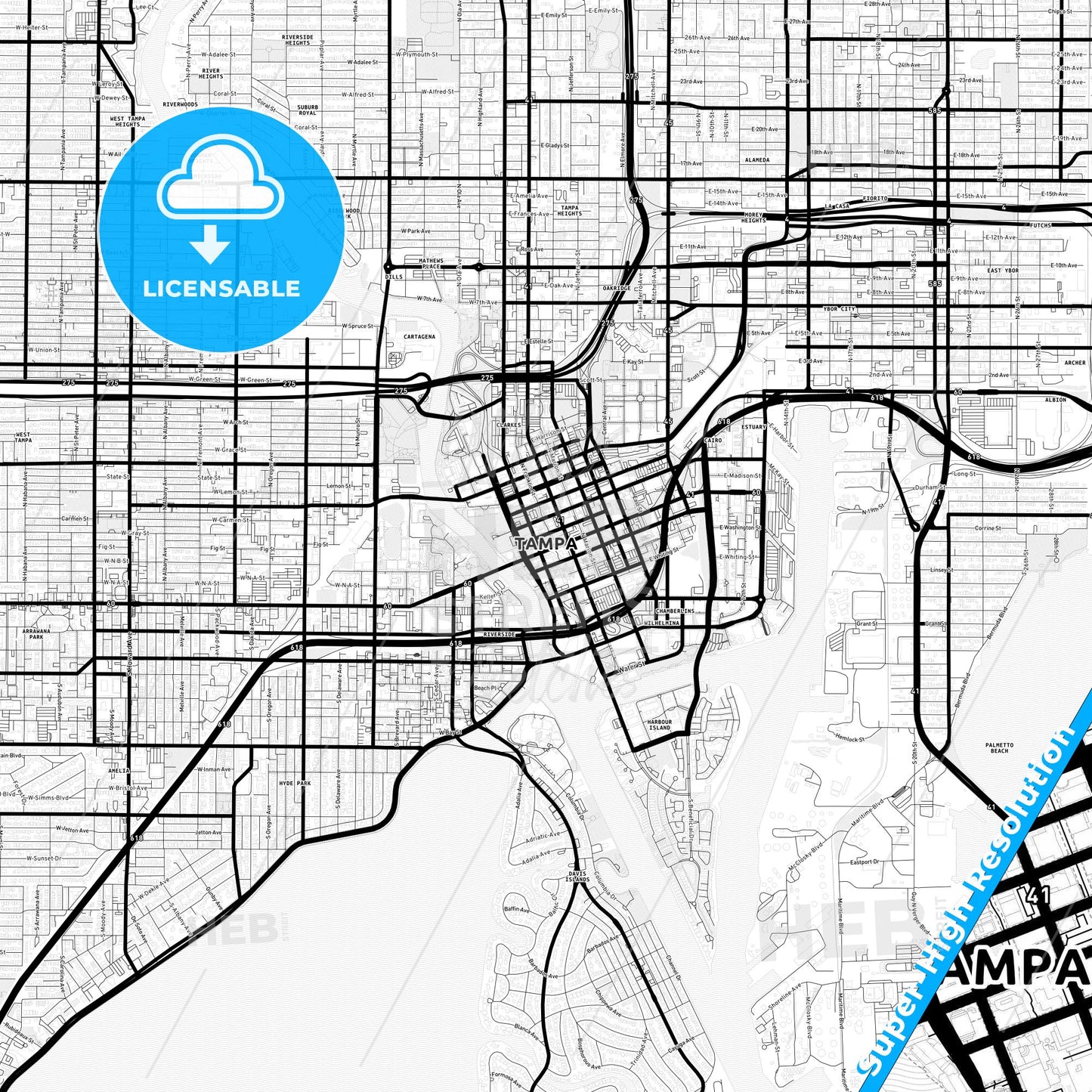 Tampa, Florida Light Map with Street Names, City Names, and Districts