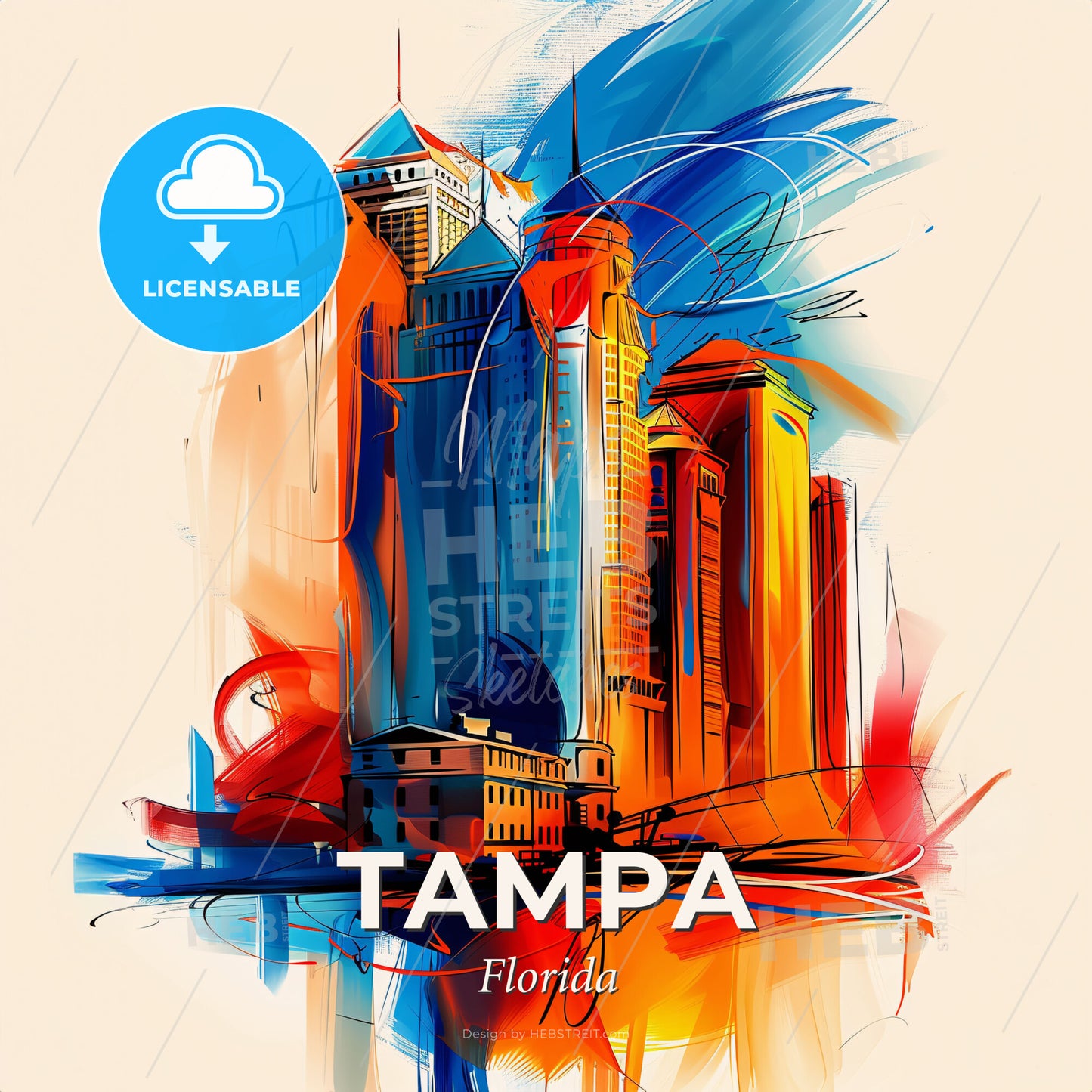 Vibrant Tampa, Florida - A Colorful Painting Of A City - Square format print template