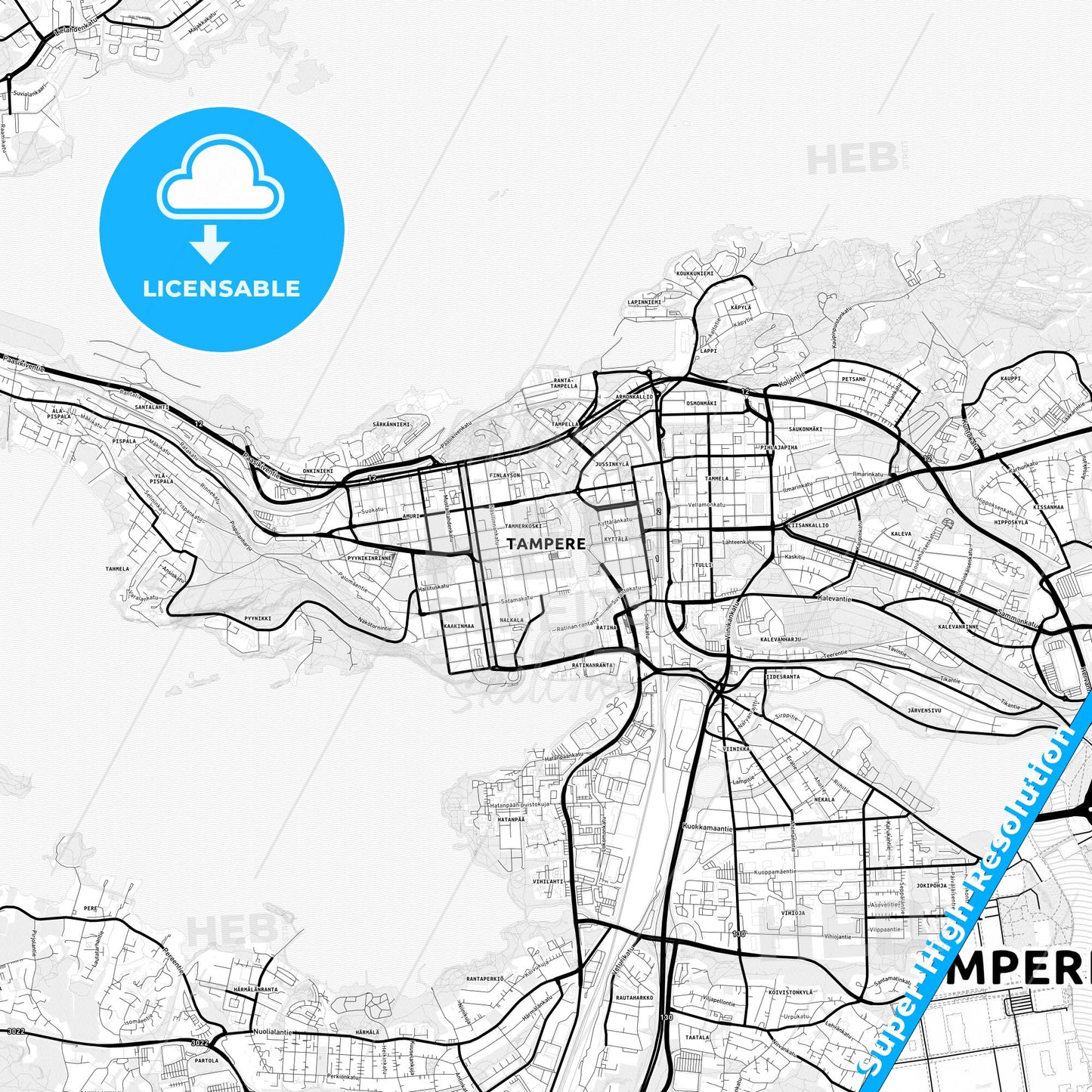 Tampere, Finland Light Map with Street Names, City Names, and Districts