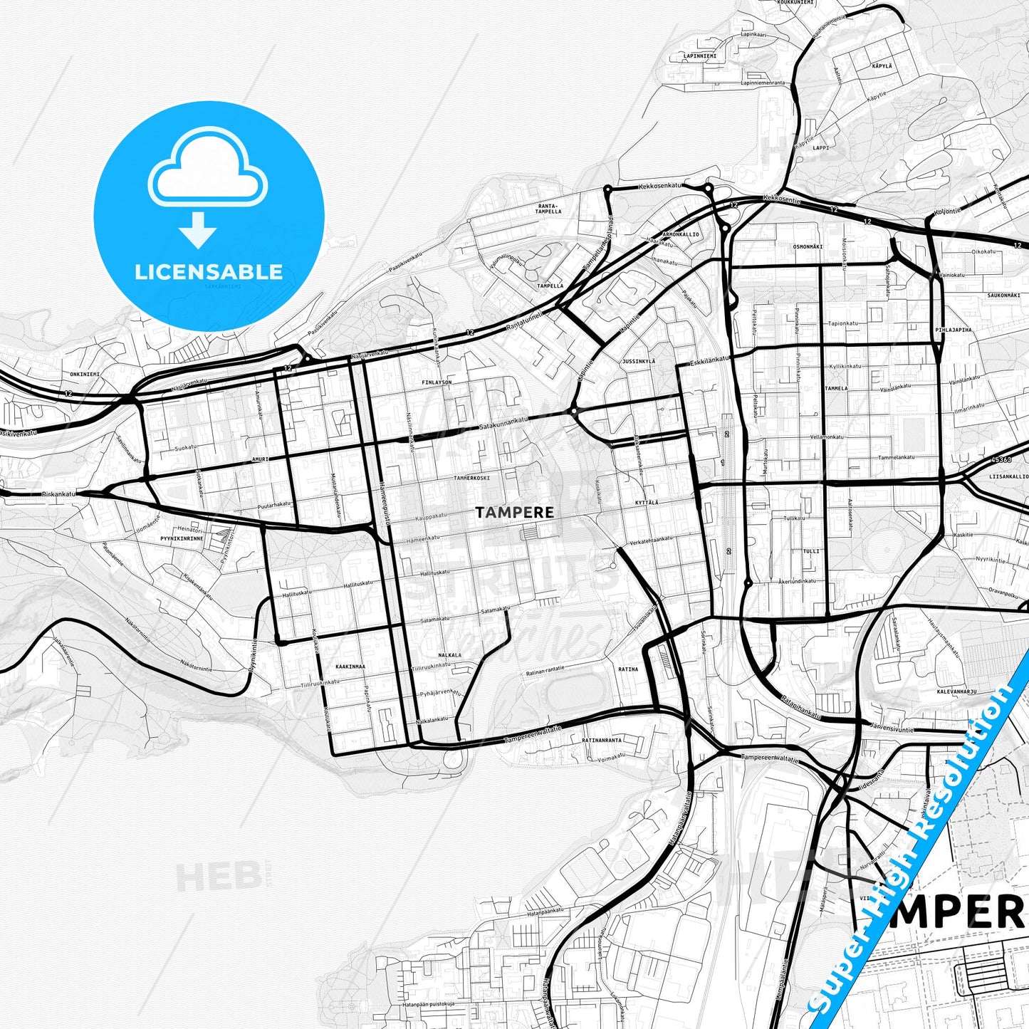 Tampere, Finland Light Map with Street Names, City Names, and Districts