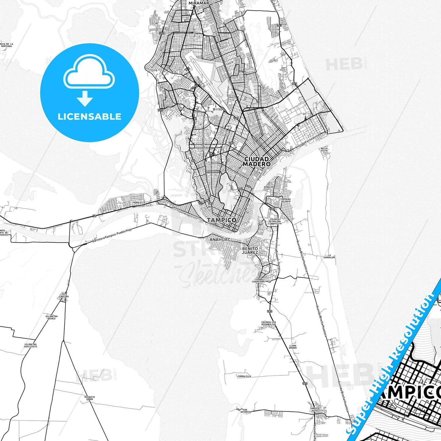 Tampico, Mexico light map with streetnames, citynames and districts