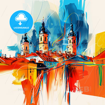 Vibrant Tamworth, England - A Painting Of A City With Towers And Buildings