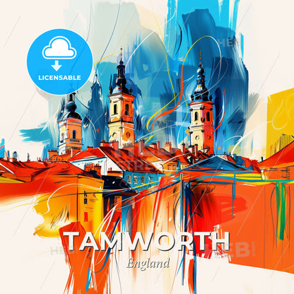Vibrant Tamworth, England - A Painting Of A City With Towers And Buildings - Square format print template