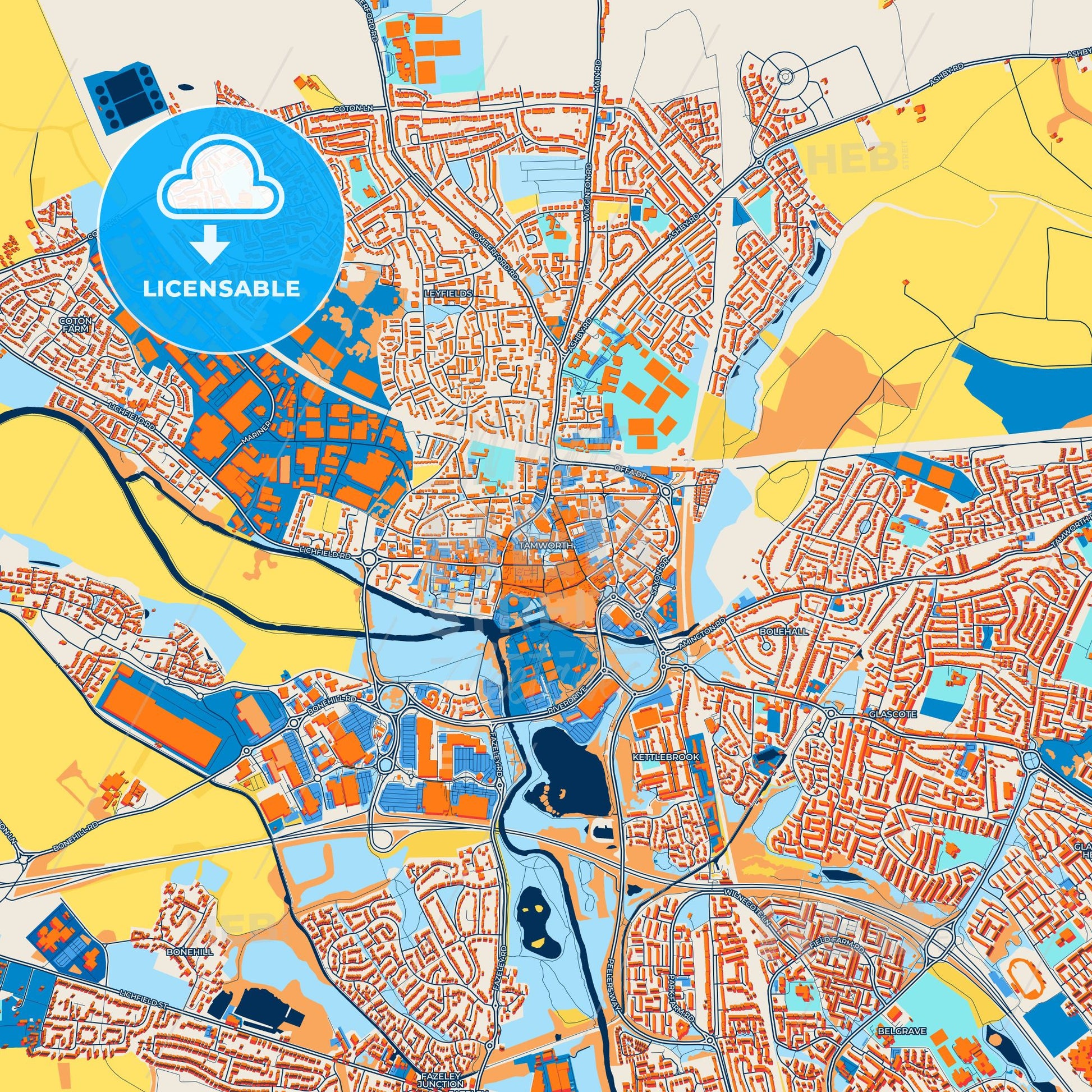 Colorful Tamworth Street Map with Labels and Buildings