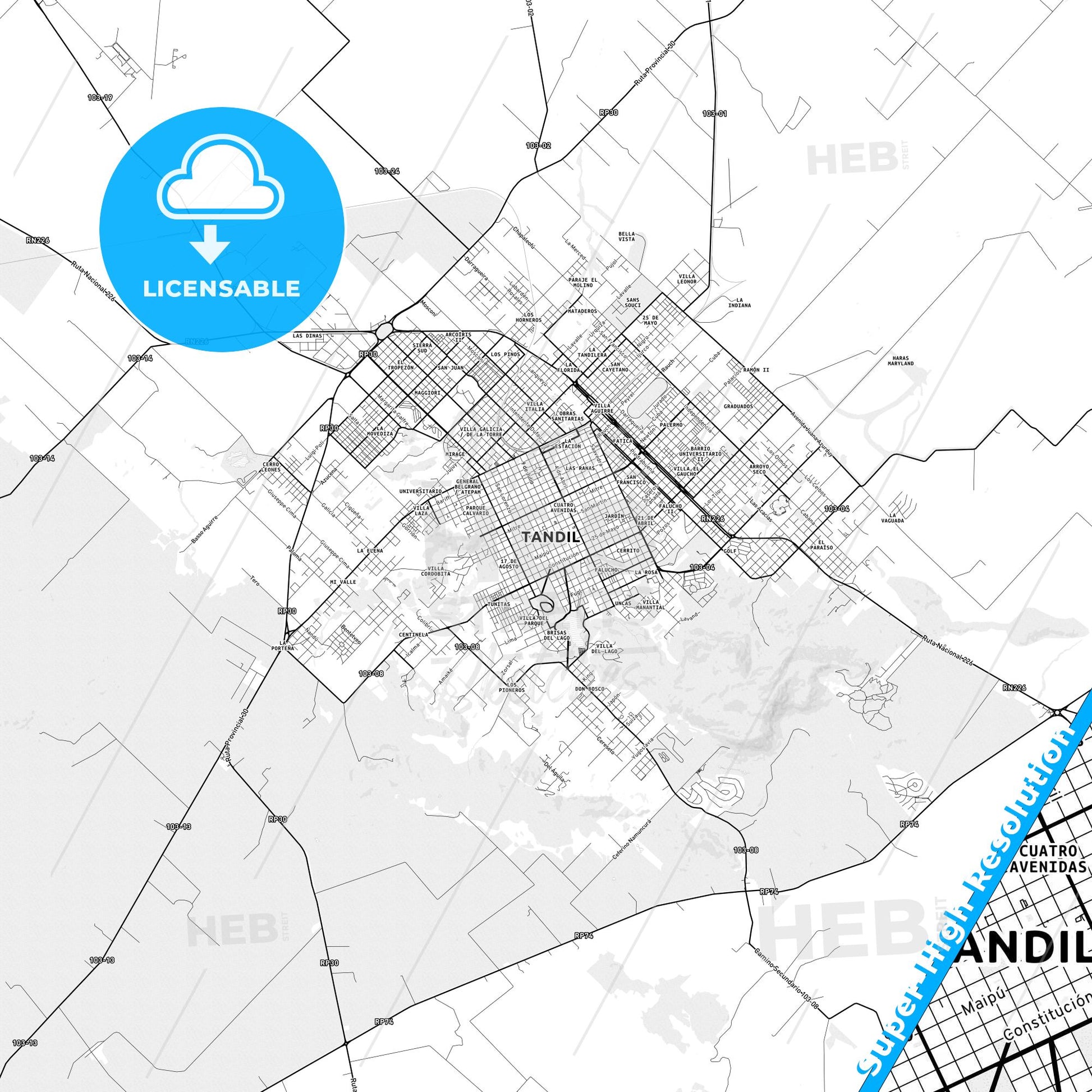 Tandil, Argentina light map with streetnames, citynames and districts