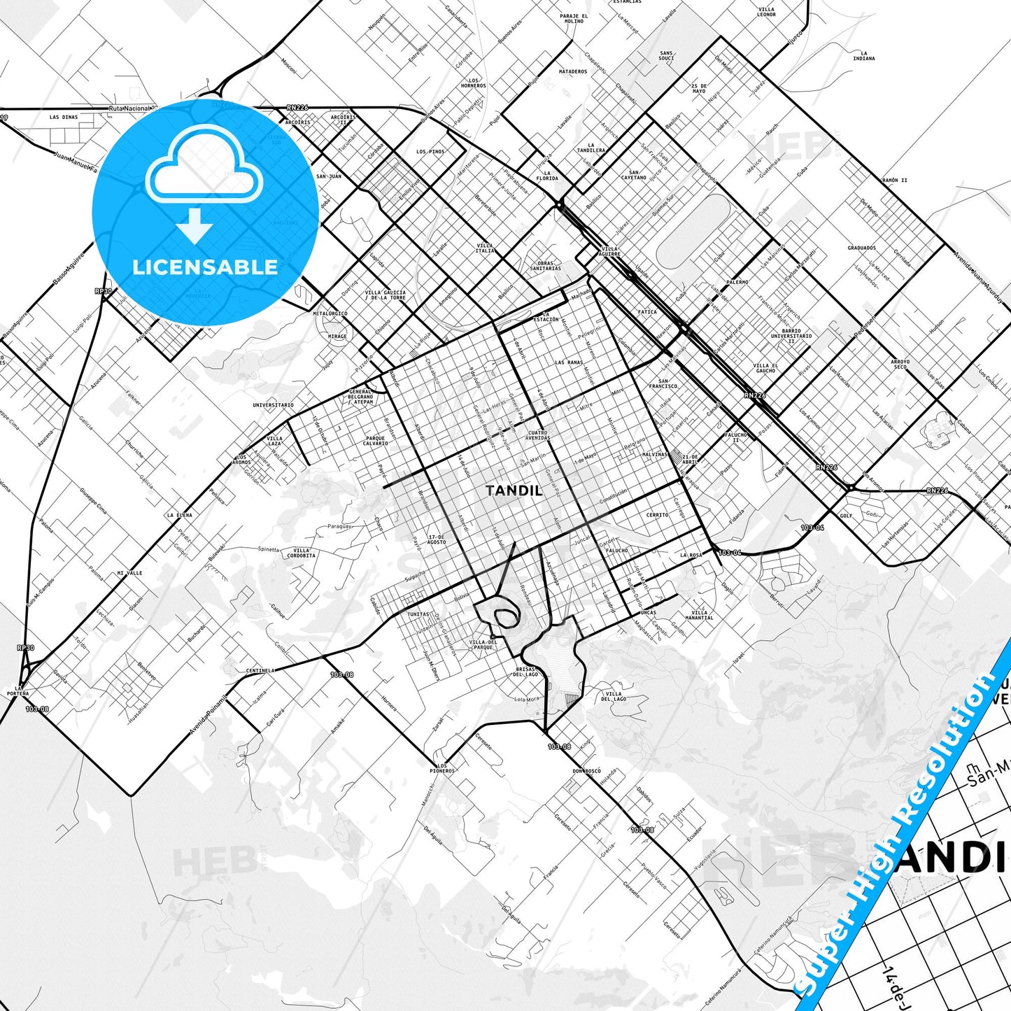 Tandil, Argentina Light Map with Street Names, City Names, and Districts