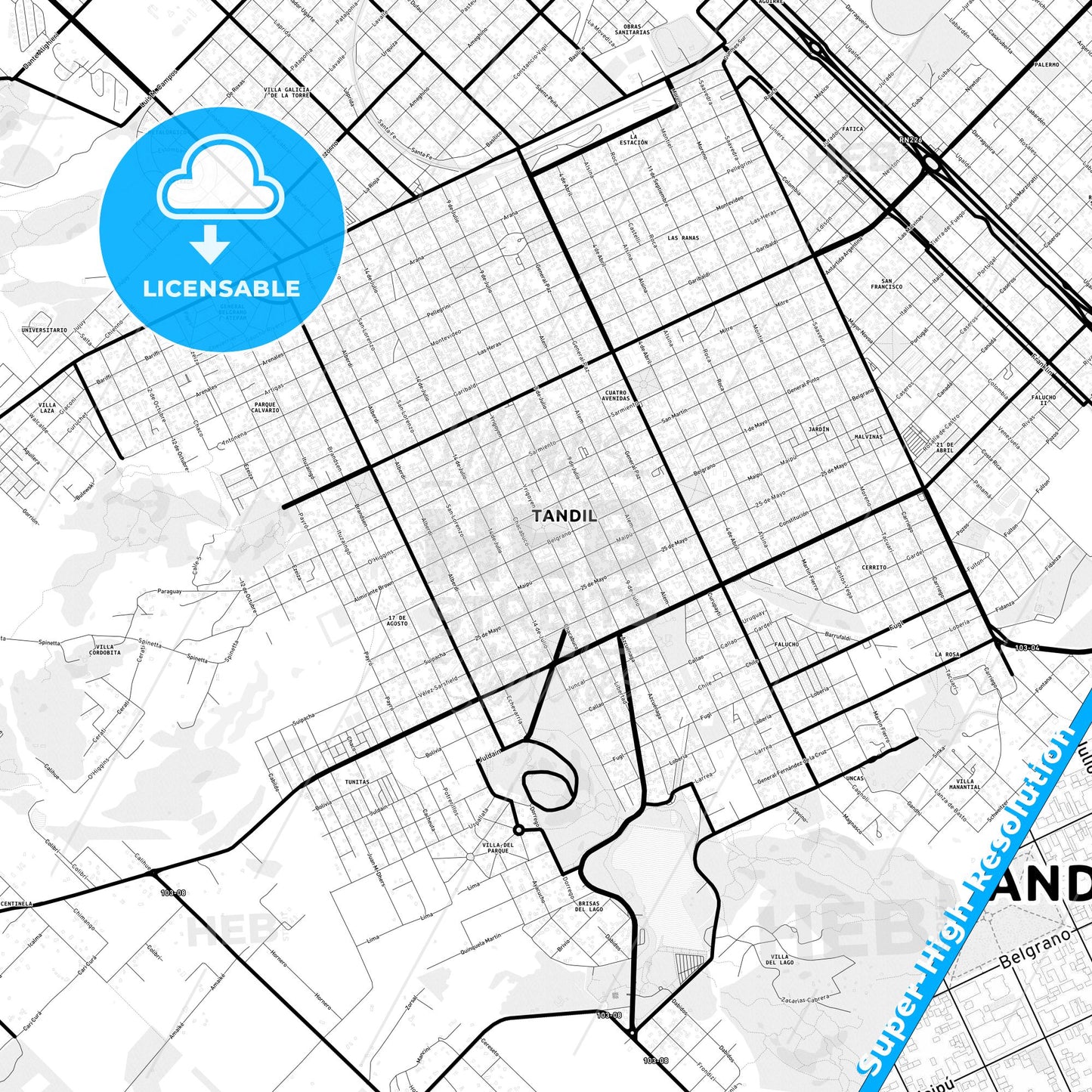 Tandil, Argentina Light Map with Street Names, City Names, and Districts