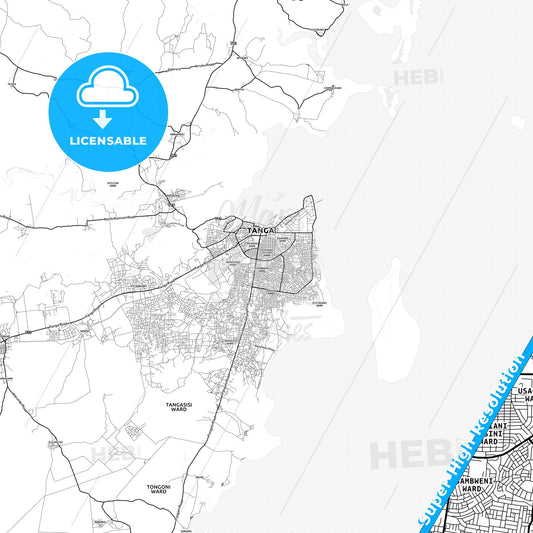 Tanga, Tanzania light map with streetnames, citynames and districts