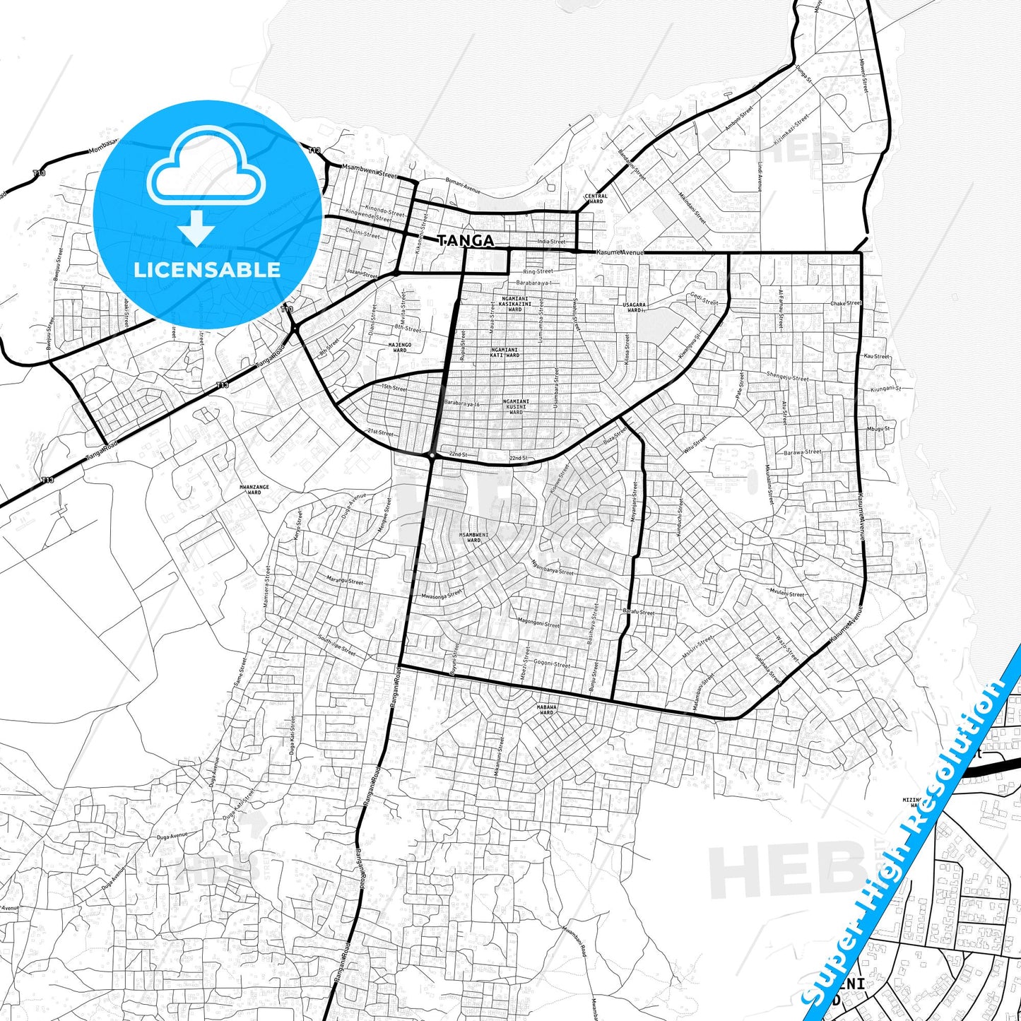 Tanga, Tanzania Light Map with Street Names, City Names, and Districts