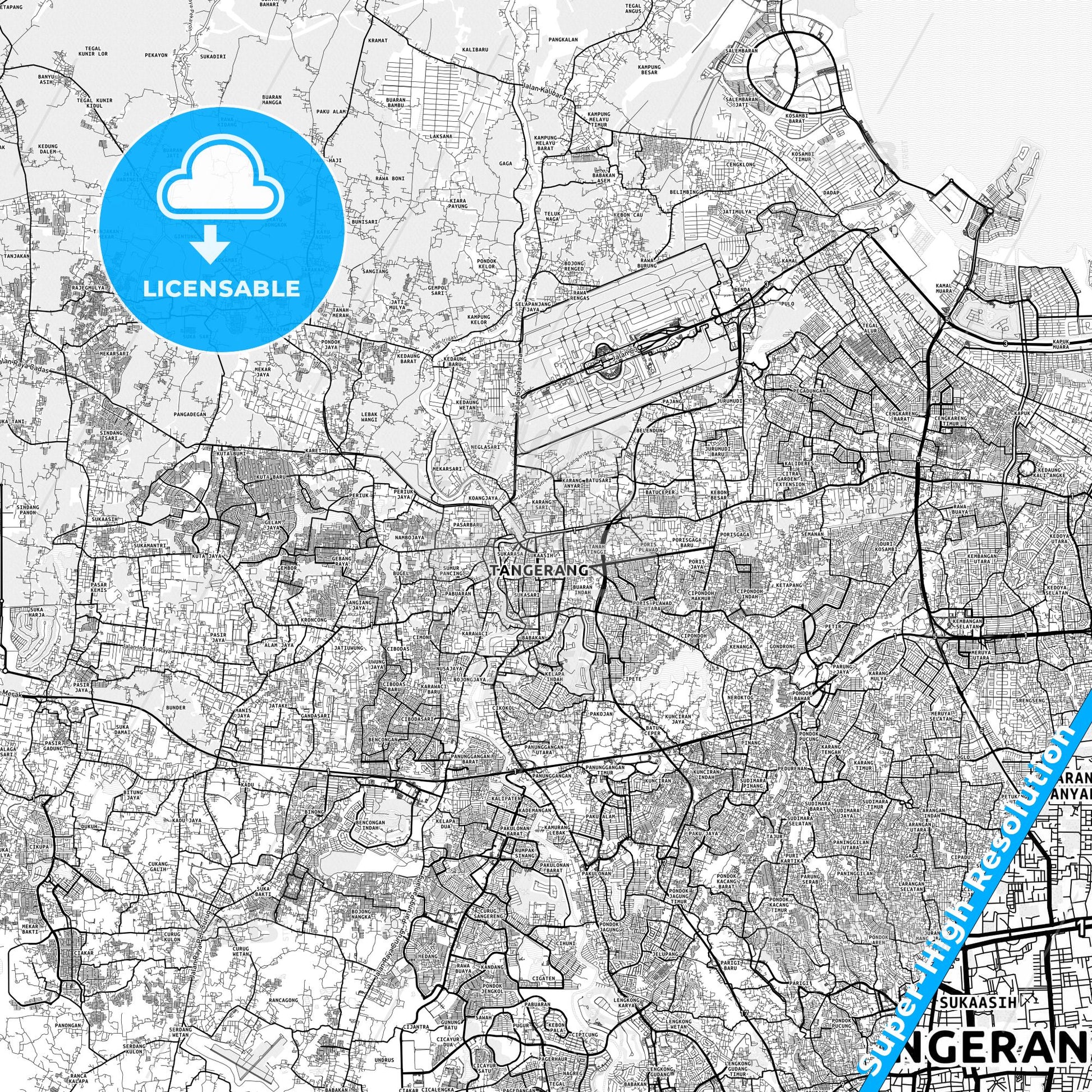 Tangerang, Indonesia light map with streetnames, citynames and districts