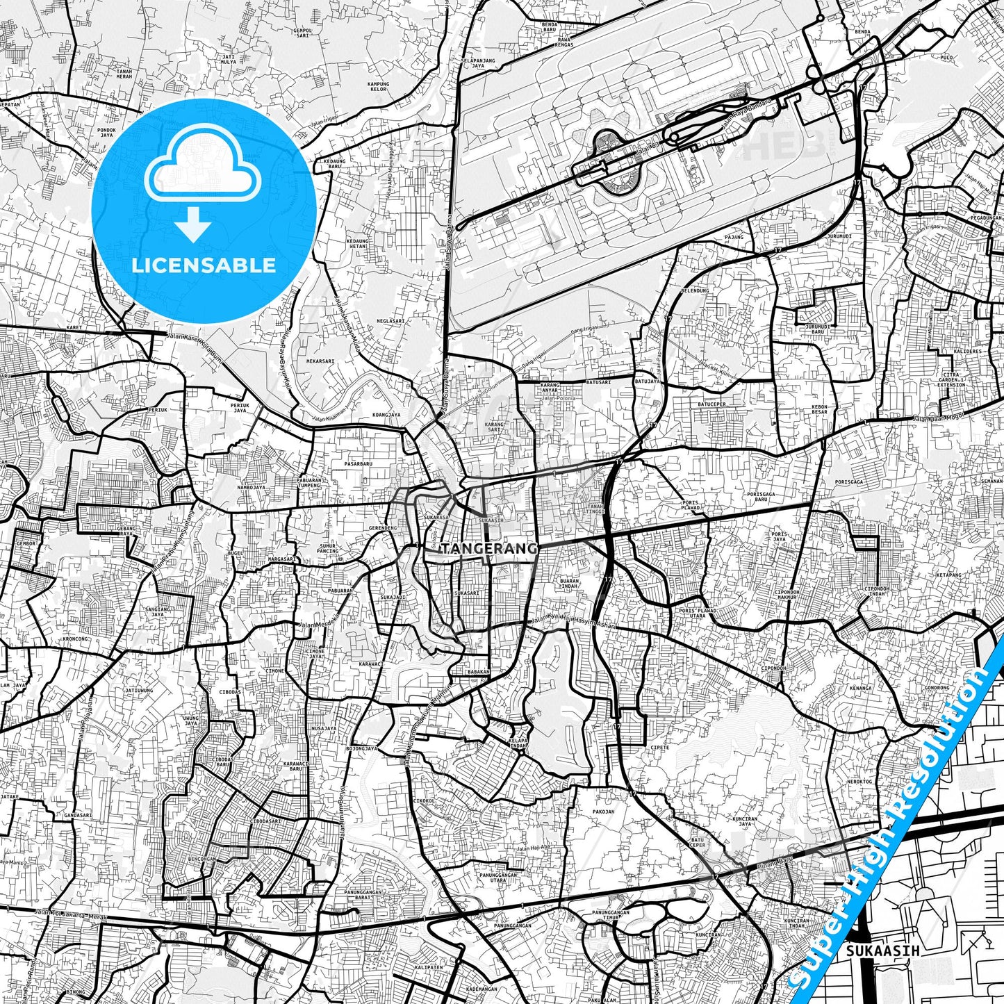 Tangerang, Indonesia Light Map with Street Names, City Names, and Districts
