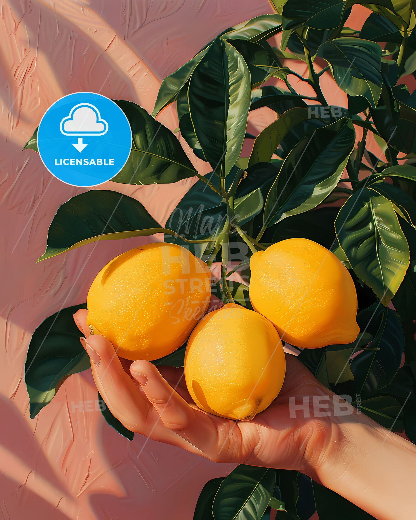 Expressionist Still Life: Abstract Hand Holding Lemons, Graphic Art, Vivid Colors, Outdoor, Poetic