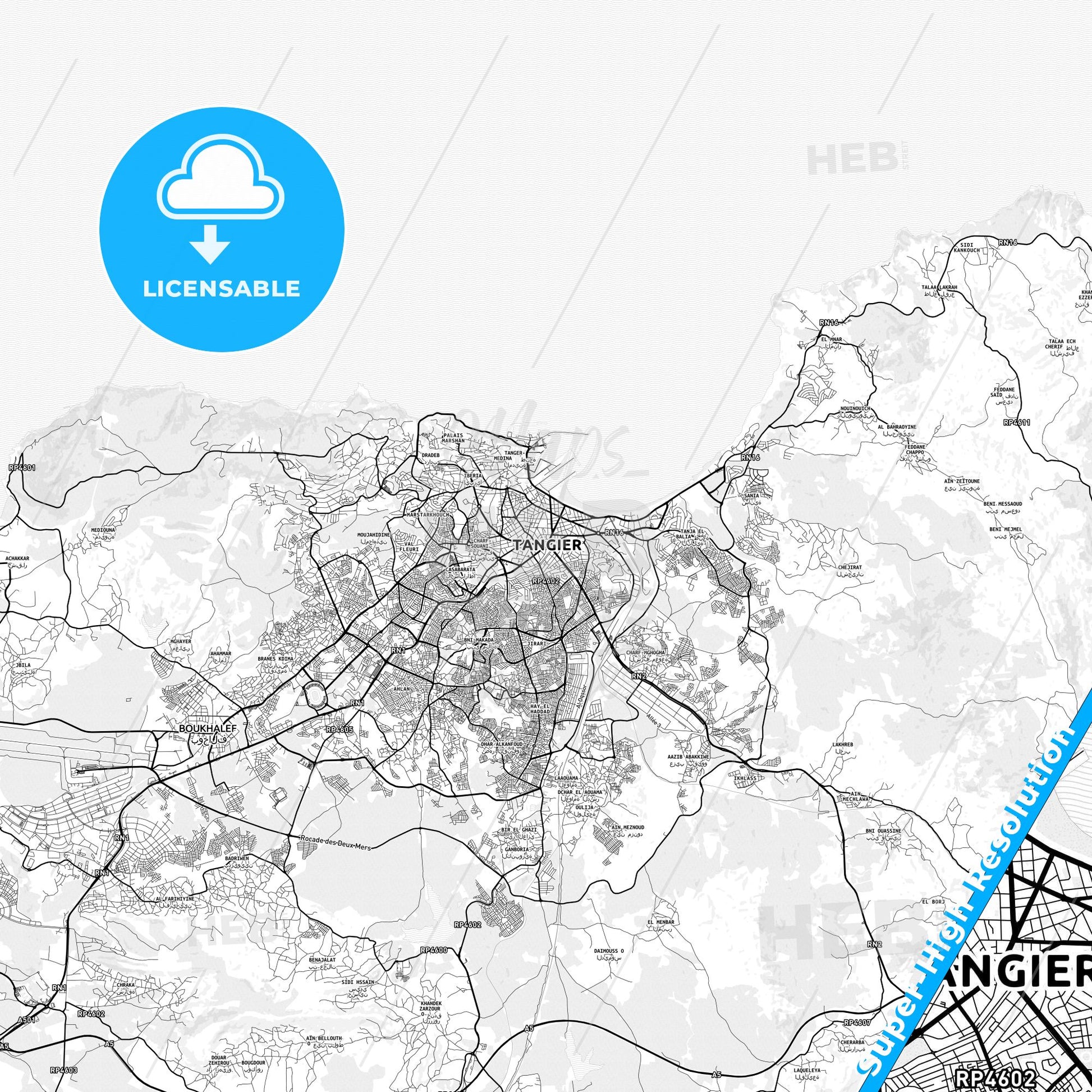 Tangier, Morocco light map with streetnames, citynames and districts