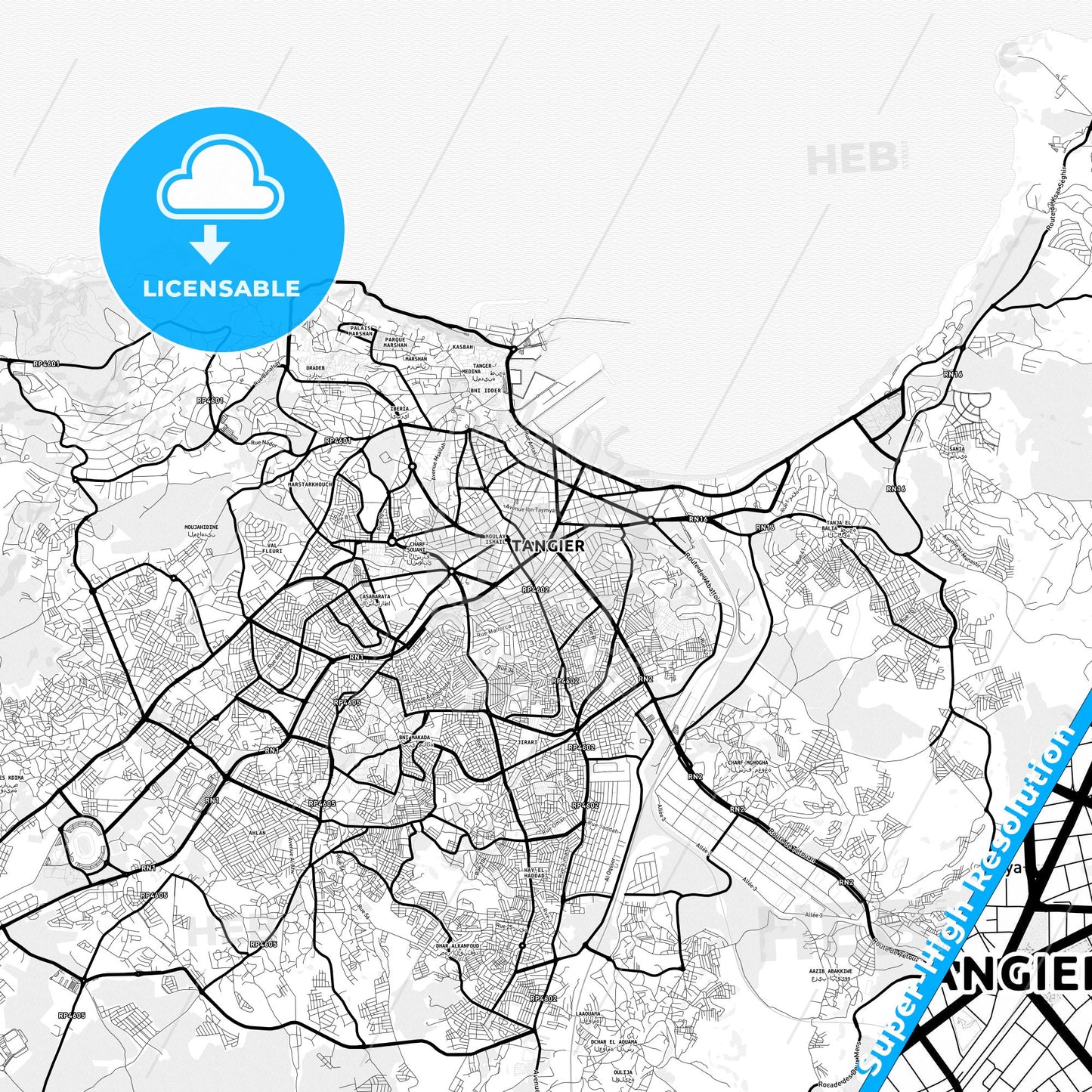 Tangier, Morocco Light Map with Street Names, City Names, and Districts