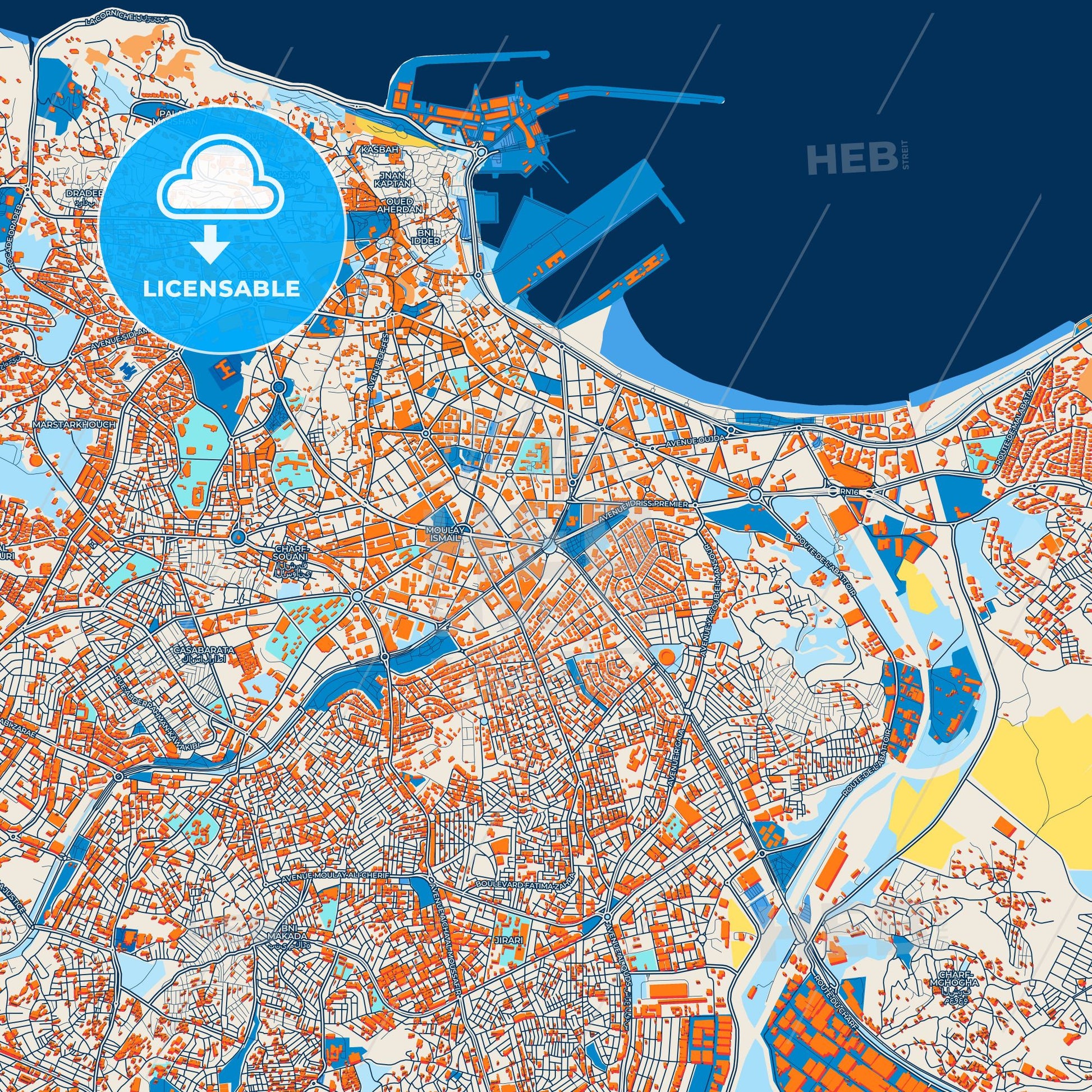 Colorful Tangier Street Map with Labels and Buildings