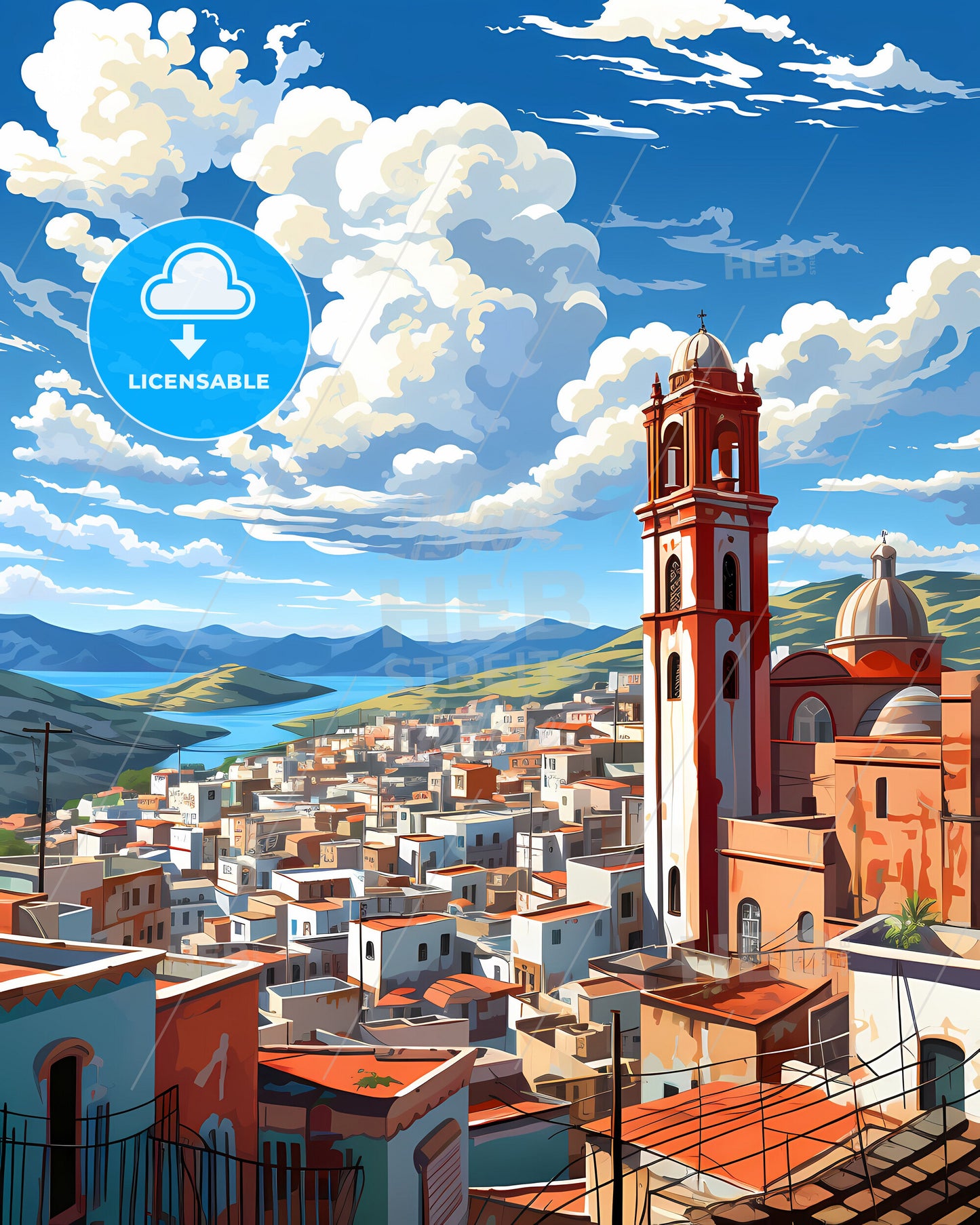 Vibrant Painting of Tangier Morocco Skyline City Tower Buildings Art Canvas