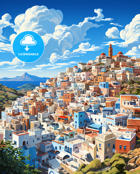 Tangier Morocco Skyline Art Painting Vibrant Hilltop City