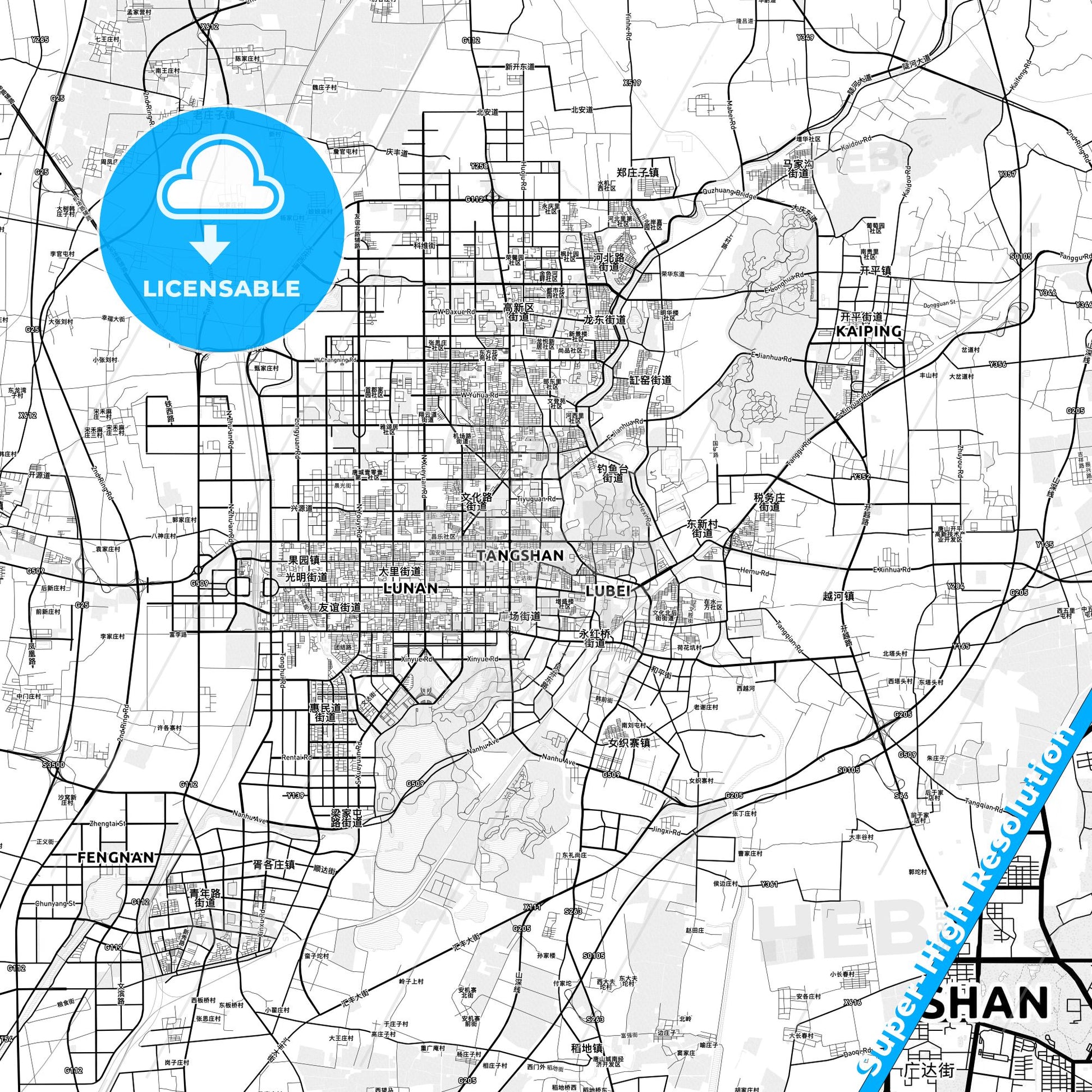 Tangshan, China light map with streetnames, citynames and districts