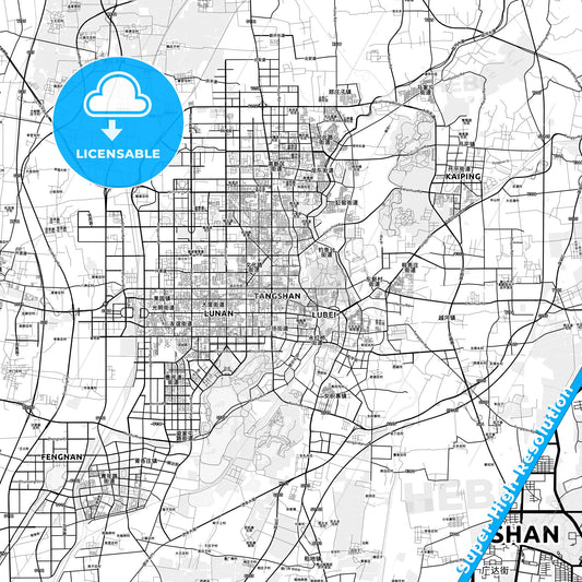 Tangshan, China light map with streetnames, citynames and districts