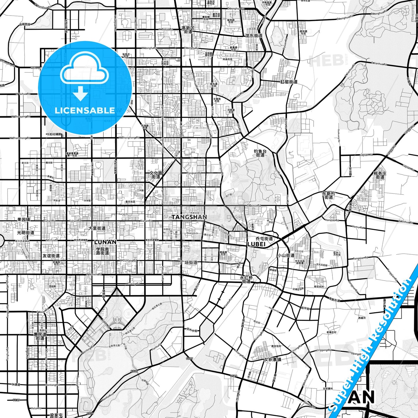 Tangshan, China Light Map with Street Names, City Names, and Districts
