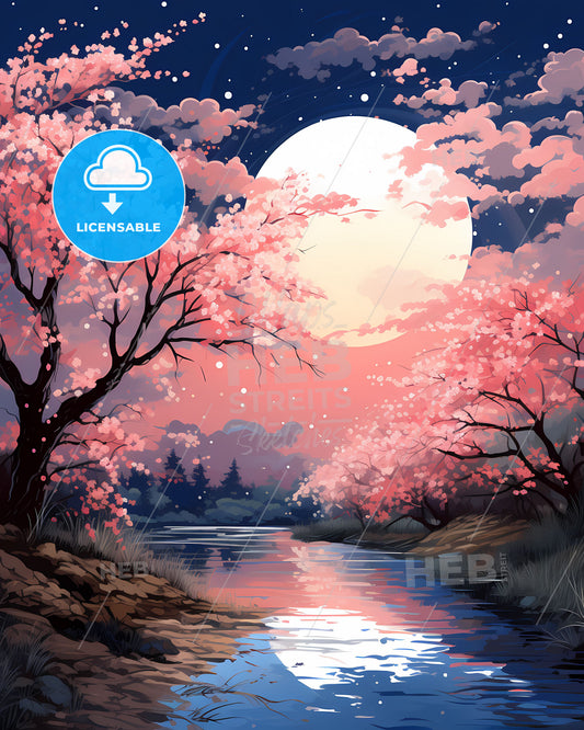 Chinese Painting Art of Tangshan City Skyline River Pink Trees Full Moon