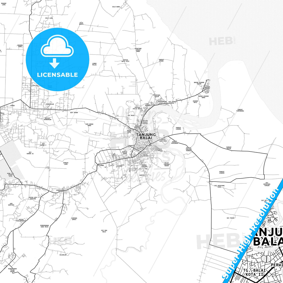 Tanjungbalai, Indonesia light map with streetnames, citynames and districts