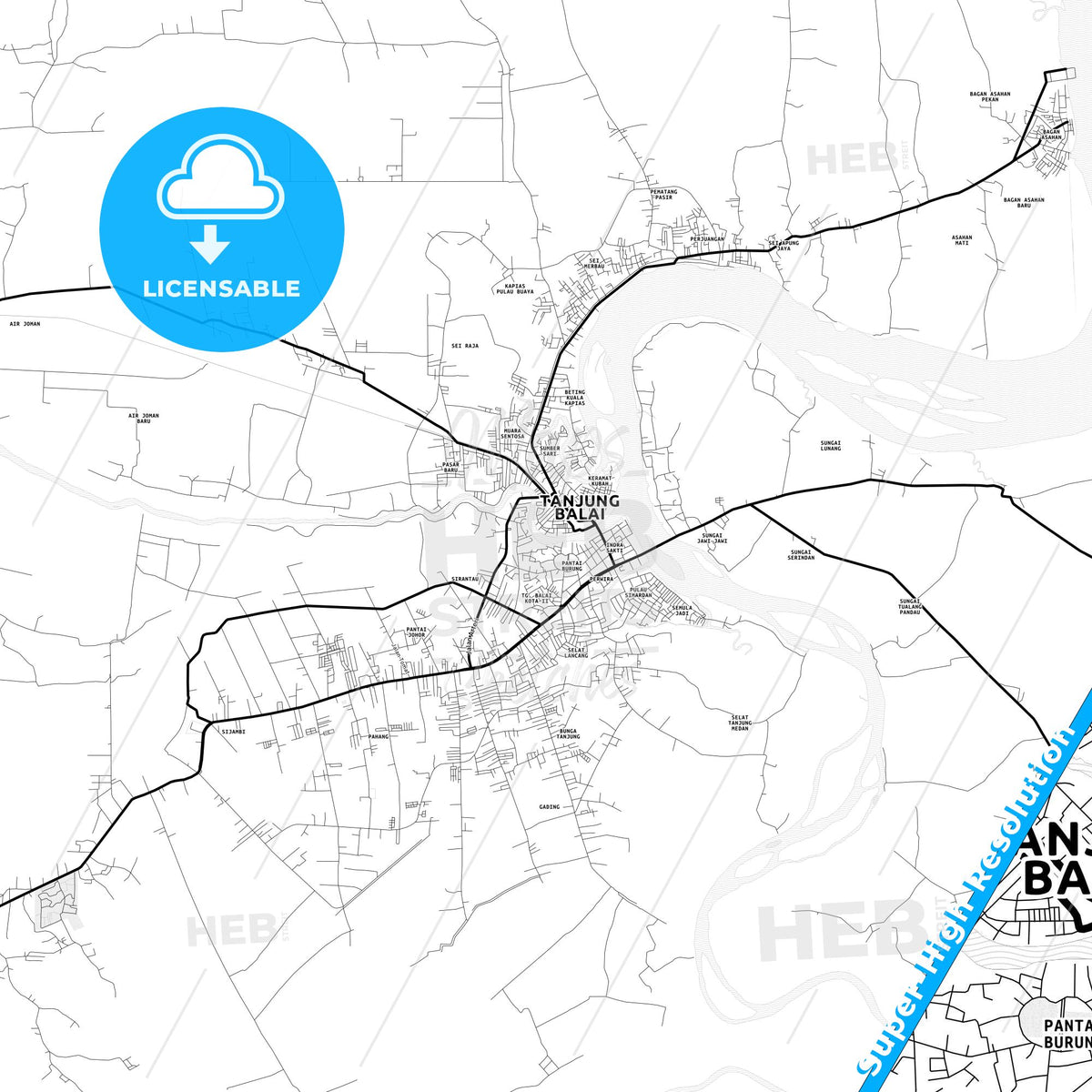 Tanjungbalai, Indonesia Light Map with Street Names, City Names, and Districts