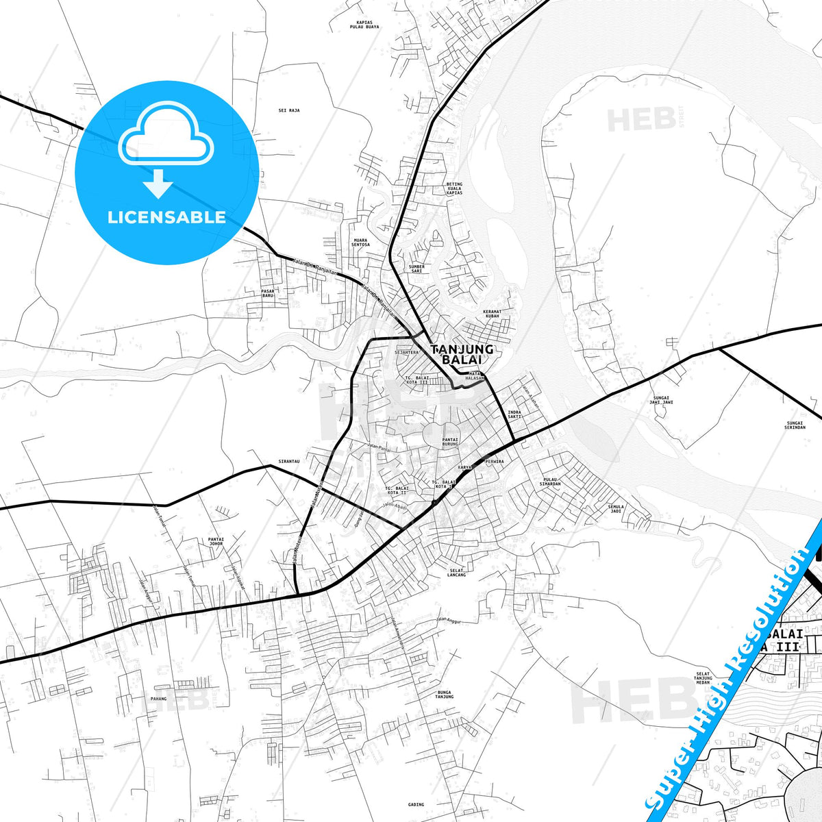Tanjungbalai, Indonesia Light Map with Street Names, City Names, and Districts