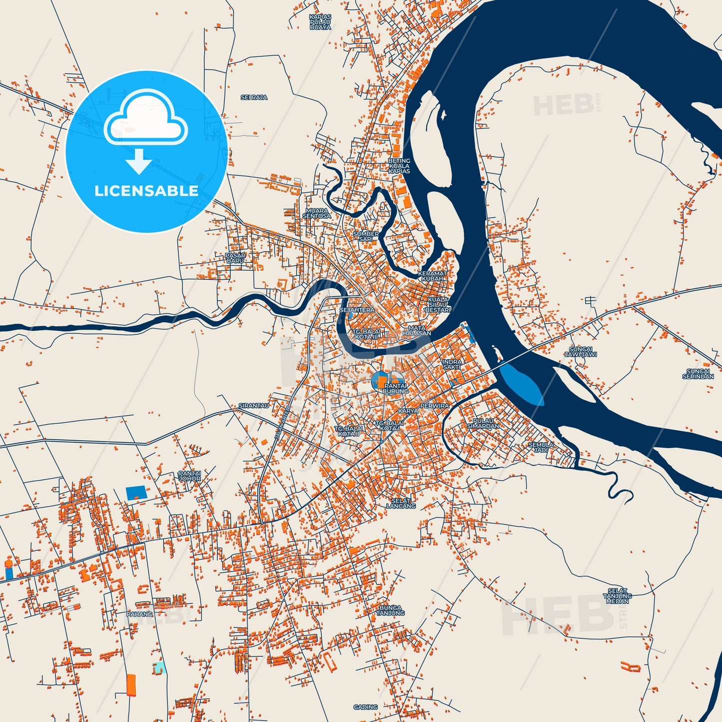 Colorful Tanjungbalai Street Map with Labels and Buildings