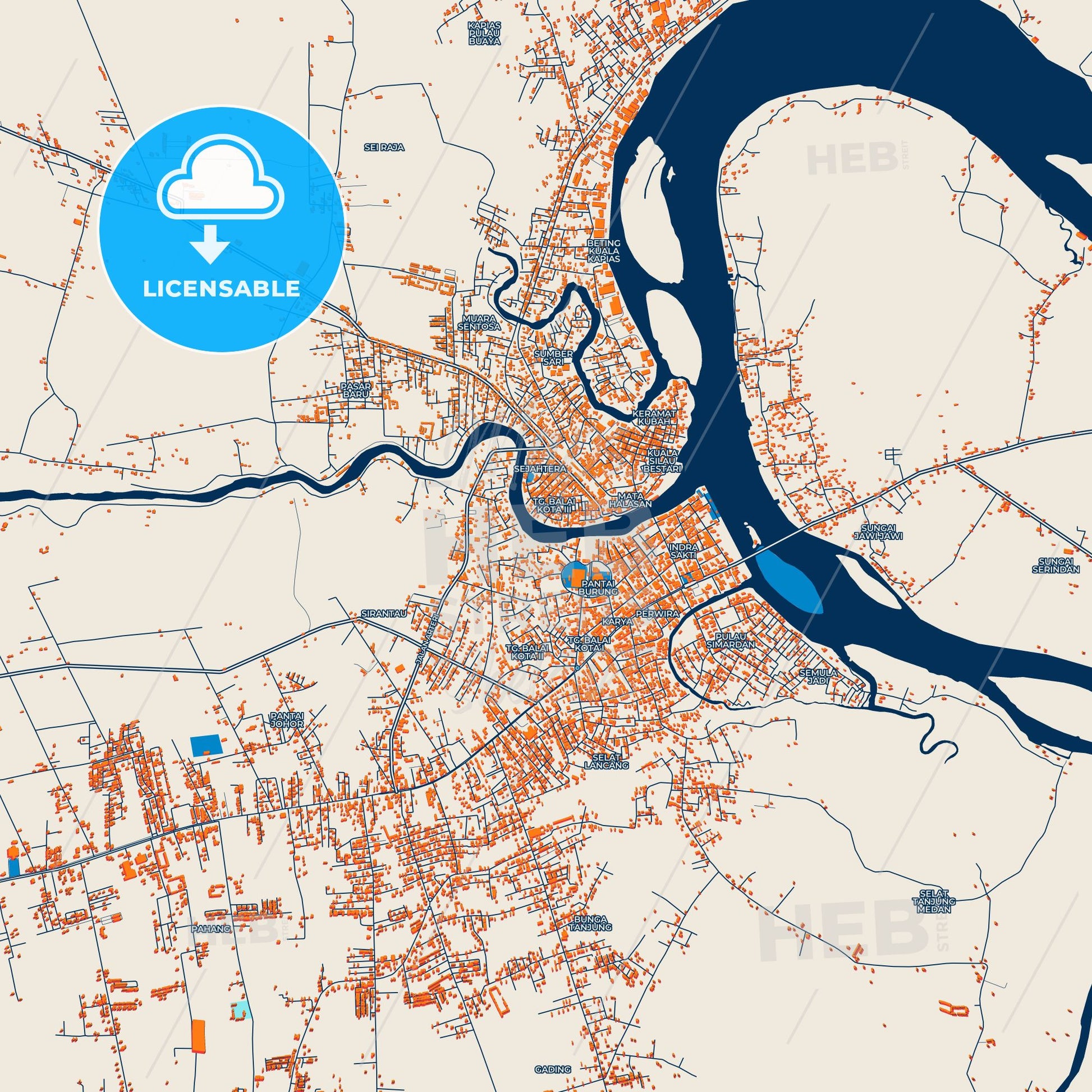 Colorful Tanjungbalai Street Map with Labels and Buildings
