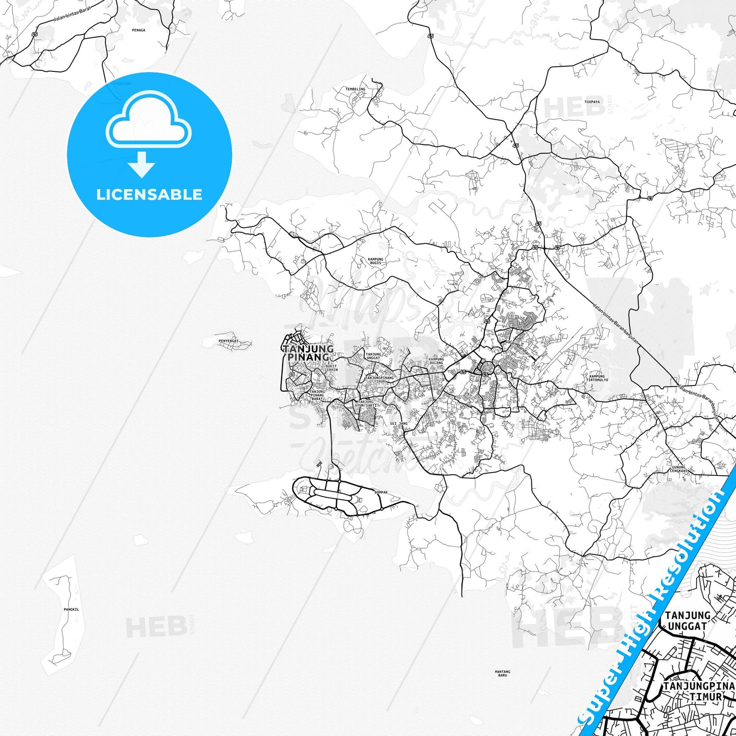 Tanjung Pinang, Indonesia light map with streetnames, citynames and districts