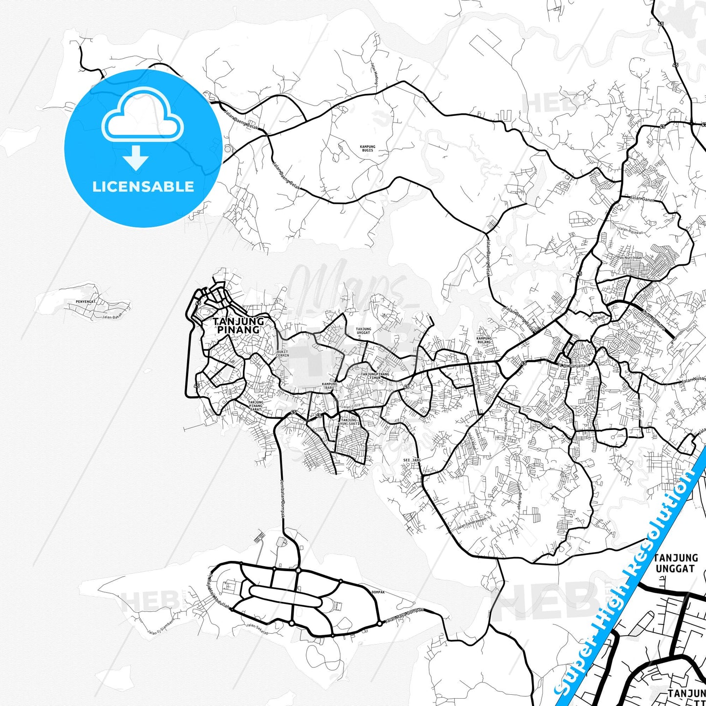 Tanjung Pinang, Indonesia Light Map with Street Names, City Names, and Districts