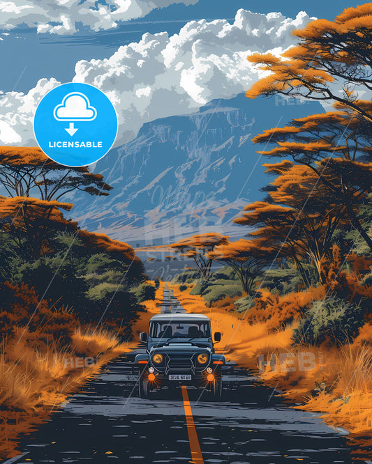 Vibrant Tanzania Painting: Scenic Mountain Road with Car and Lush Trees
