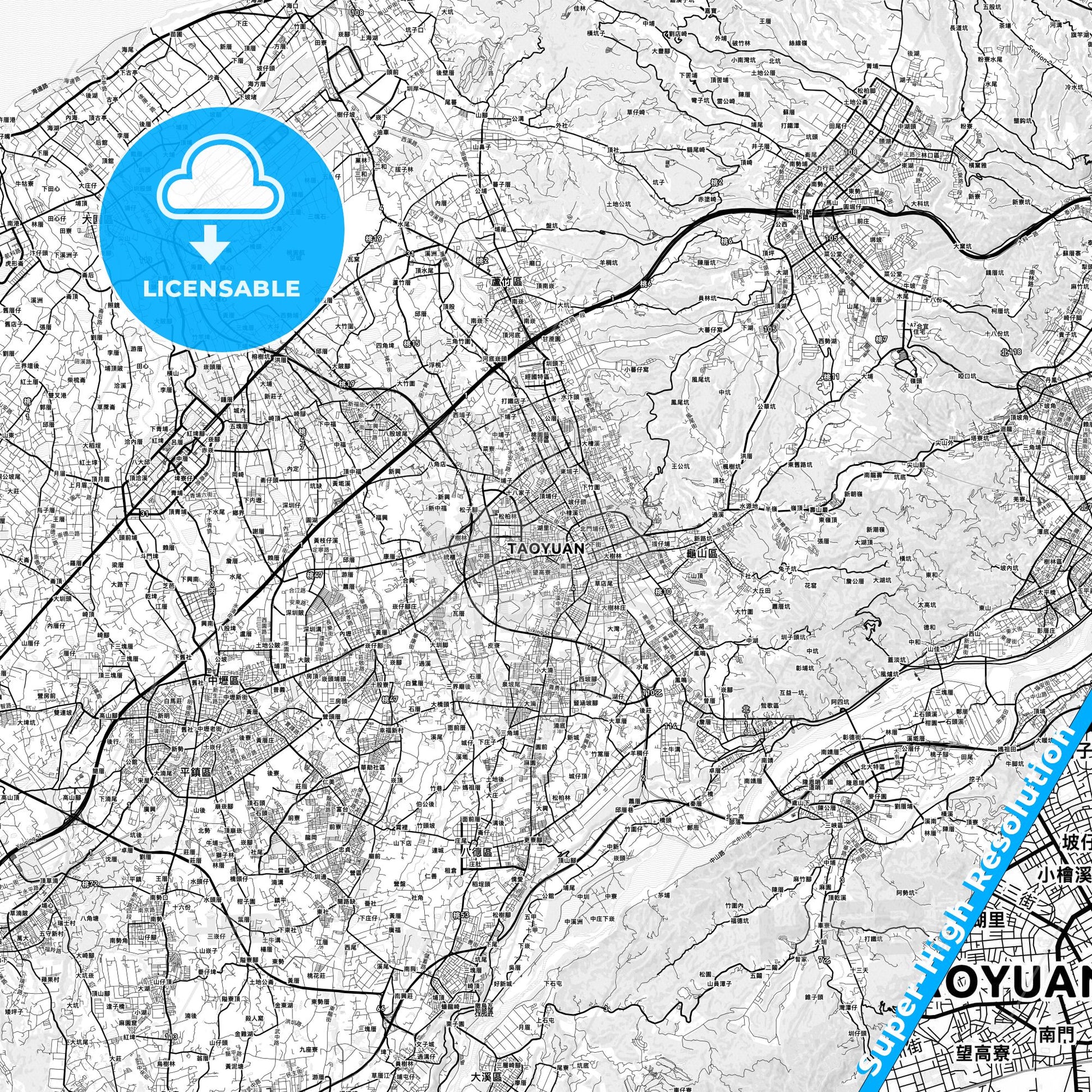 Taoyuan, Taiwan light map with streetnames, citynames and districts