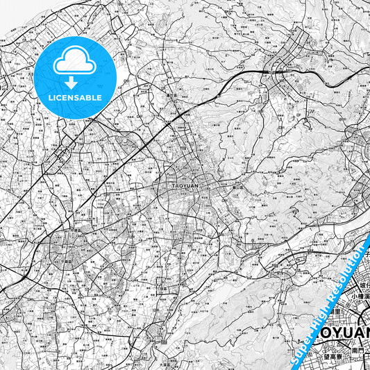 Taoyuan, Taiwan light map with streetnames, citynames and districts