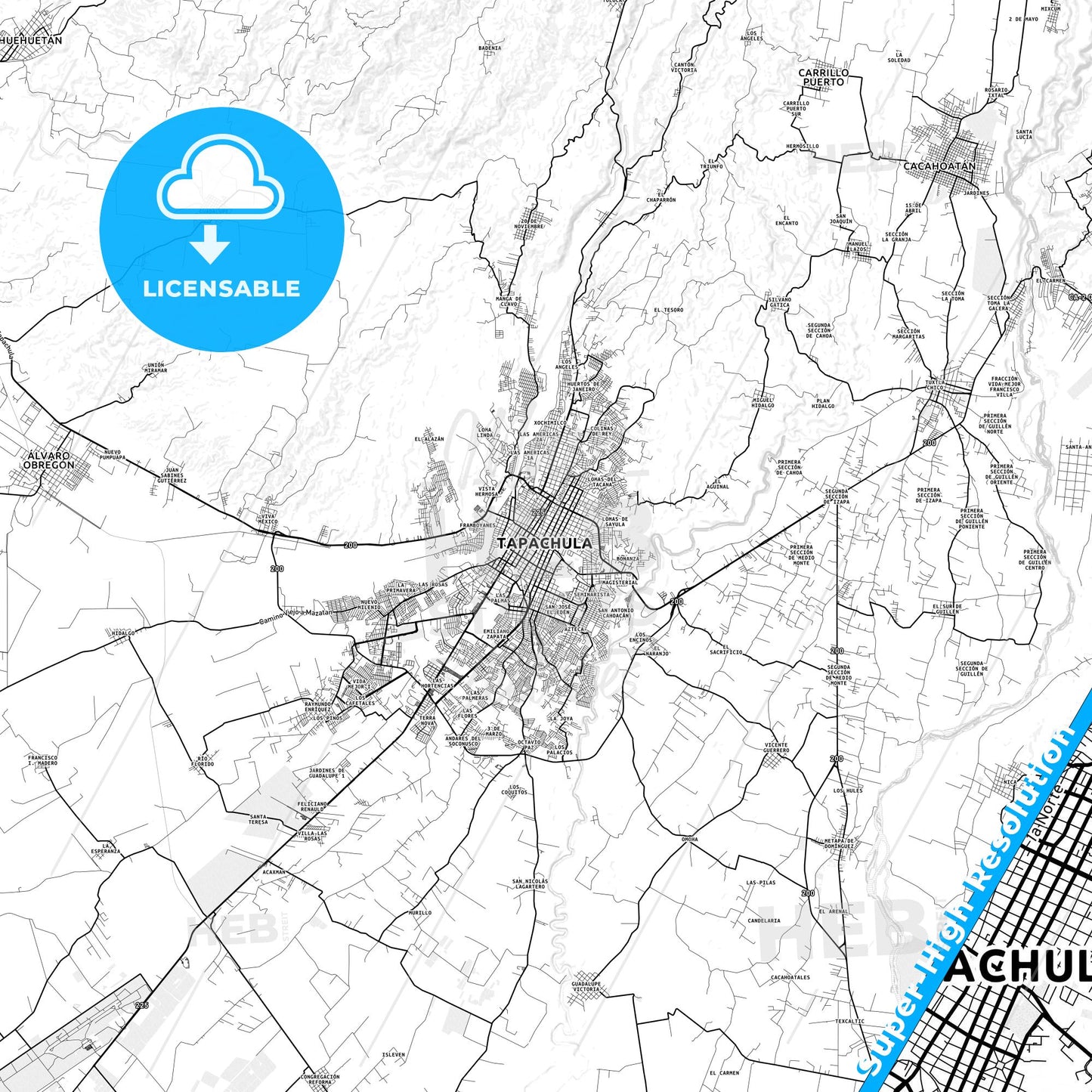 Tapachula, Mexico light map with streetnames, citynames and districts