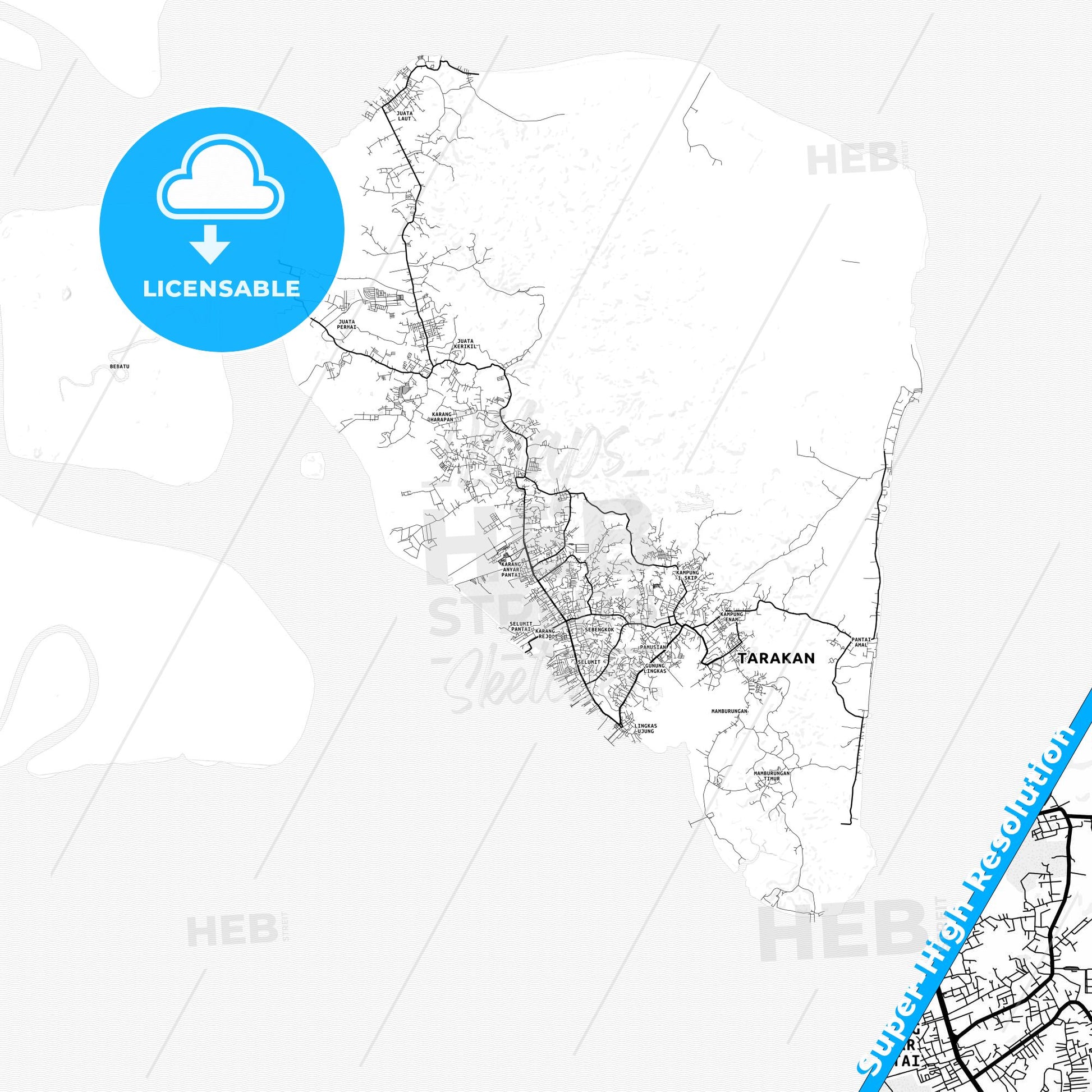 Tarakan, Indonesia light map with streetnames, citynames and districts