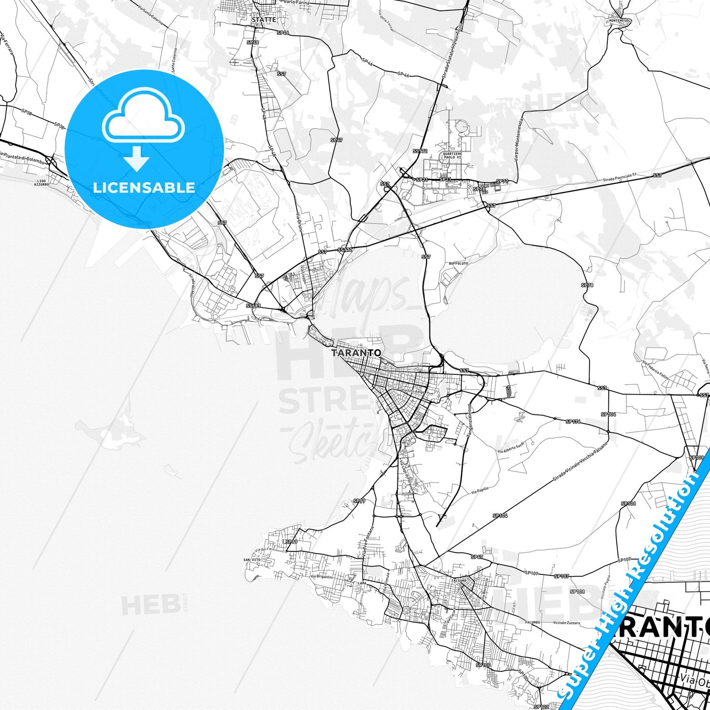 Taranto, Italy light map with streetnames, citynames and districts