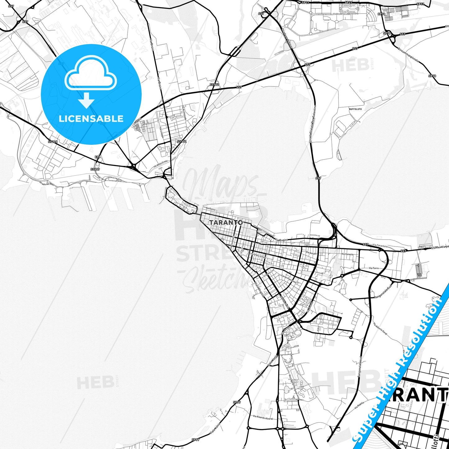 Taranto, Italy Light Map with Street Names, City Names, and Districts