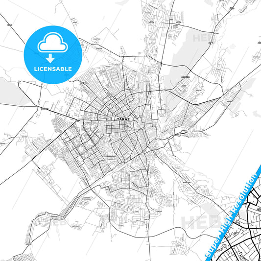 Taraz, Kazakhstan light map with streetnames, citynames and districts